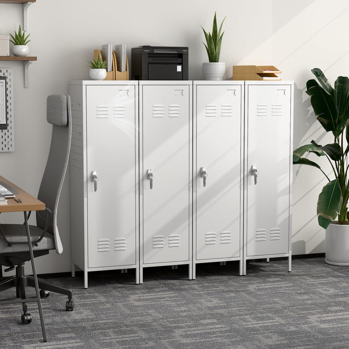 SUPEER Metal Lockers for Employees with Handle,Metal Storage Locker with 2 Pegboard & 5 Hooks for Gym, School, Office,Home,Garage,White SUPEER