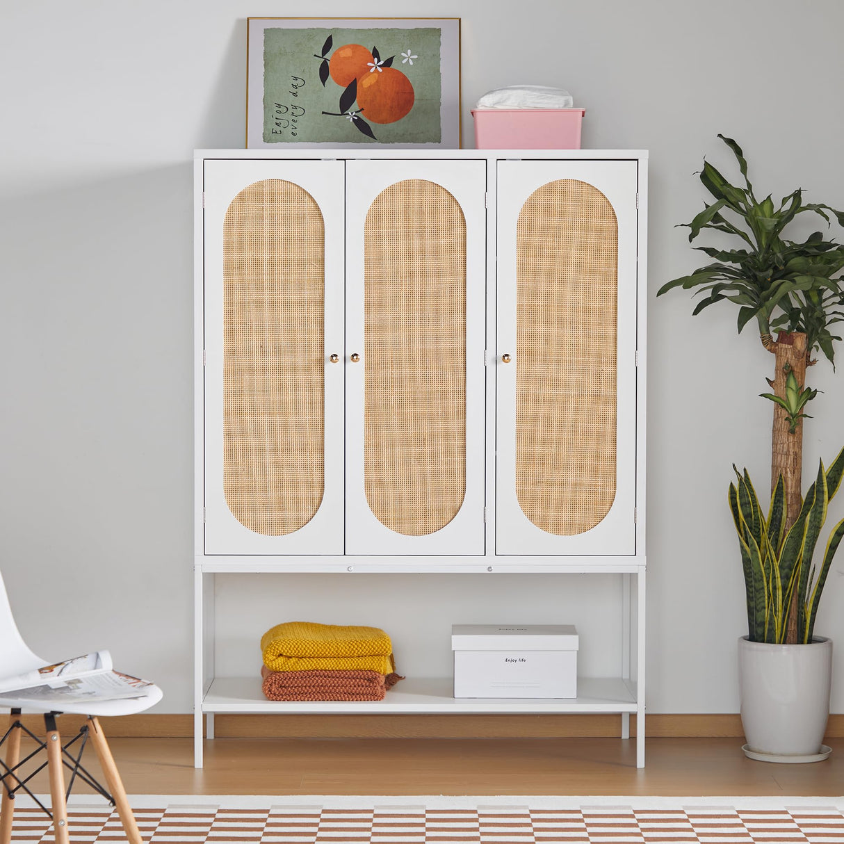 QEIUZON Wardrobe Closet, Rattan Freestanding Wardrobe Cabinet with Storage Cubes & Hanging Rod, Bedroom Armoire, 3-Doors-White QEIUZON