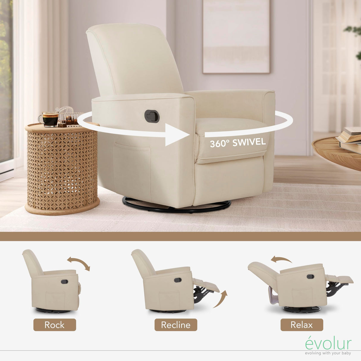 Evolur Raleigh Upholstered Plush Seating Nursery Glider 360-degree, Swivel Rocker Recliner, Multi Recline Positions, Greenguard Gold & JPMA Certified, Stain Resistant, Tool-Free Assembly, Shell Evolur