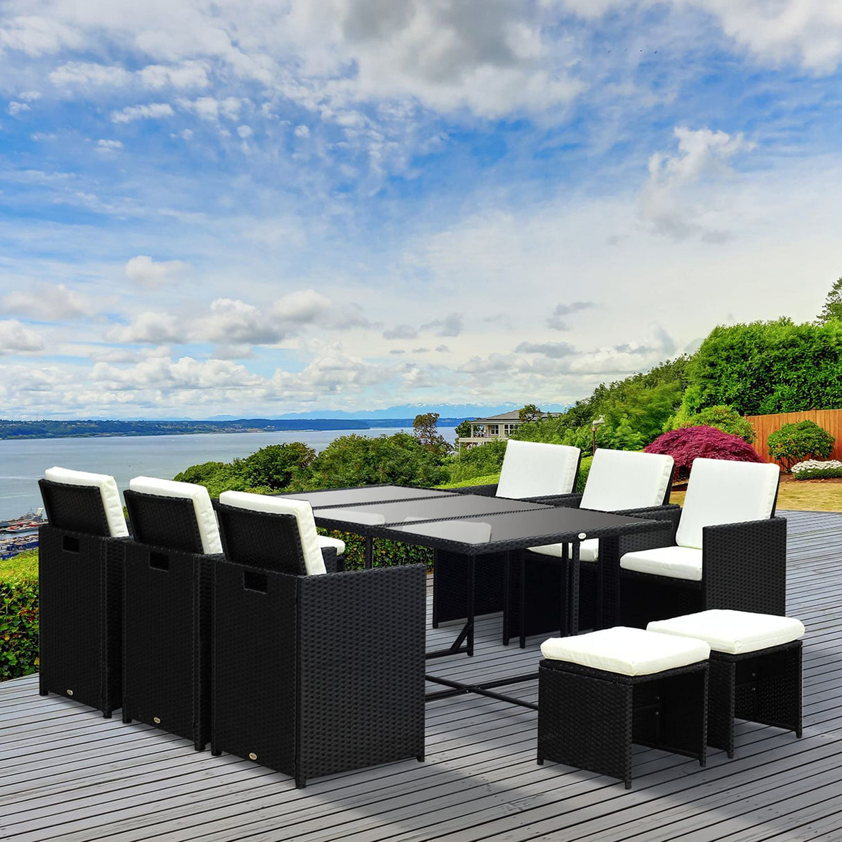 Outsunny 11 Pieces Patio Wicker Dining Sets, Space Saving Outdoor Sectional Conversation Set, with Dining Table, Ottoman and Chair & Cushioned for Lawn Garden Backyard, Cream White Outsunny