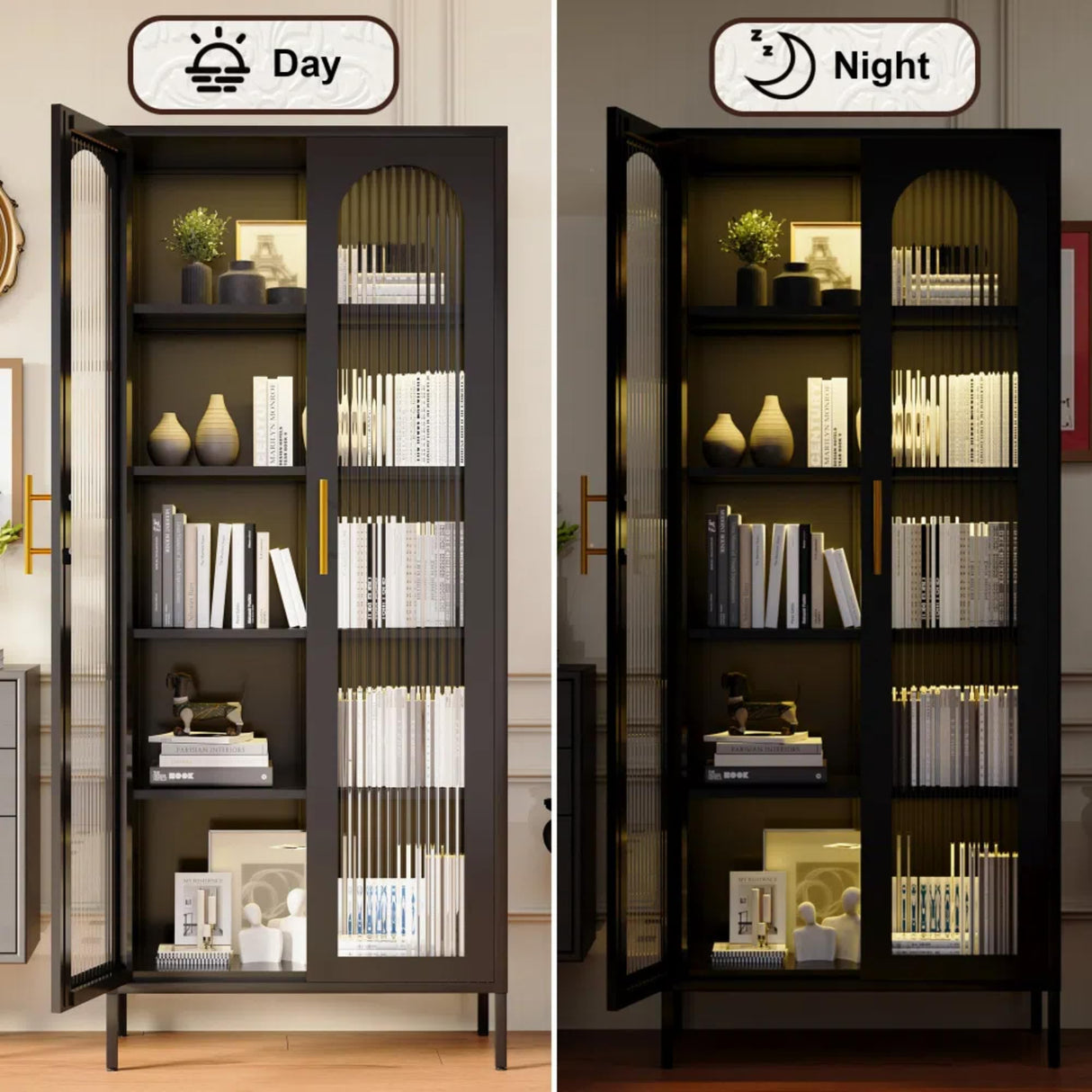 YILFANA 71” Tall Glass Cabinet, Display Case with Glass Doors and Lights, Metal Storage Cabinets, Hutch Cabinet with Adjustable Shelves, Storage Cabinets for Dining Room, Living Room,Kitchen, Black YILFANA