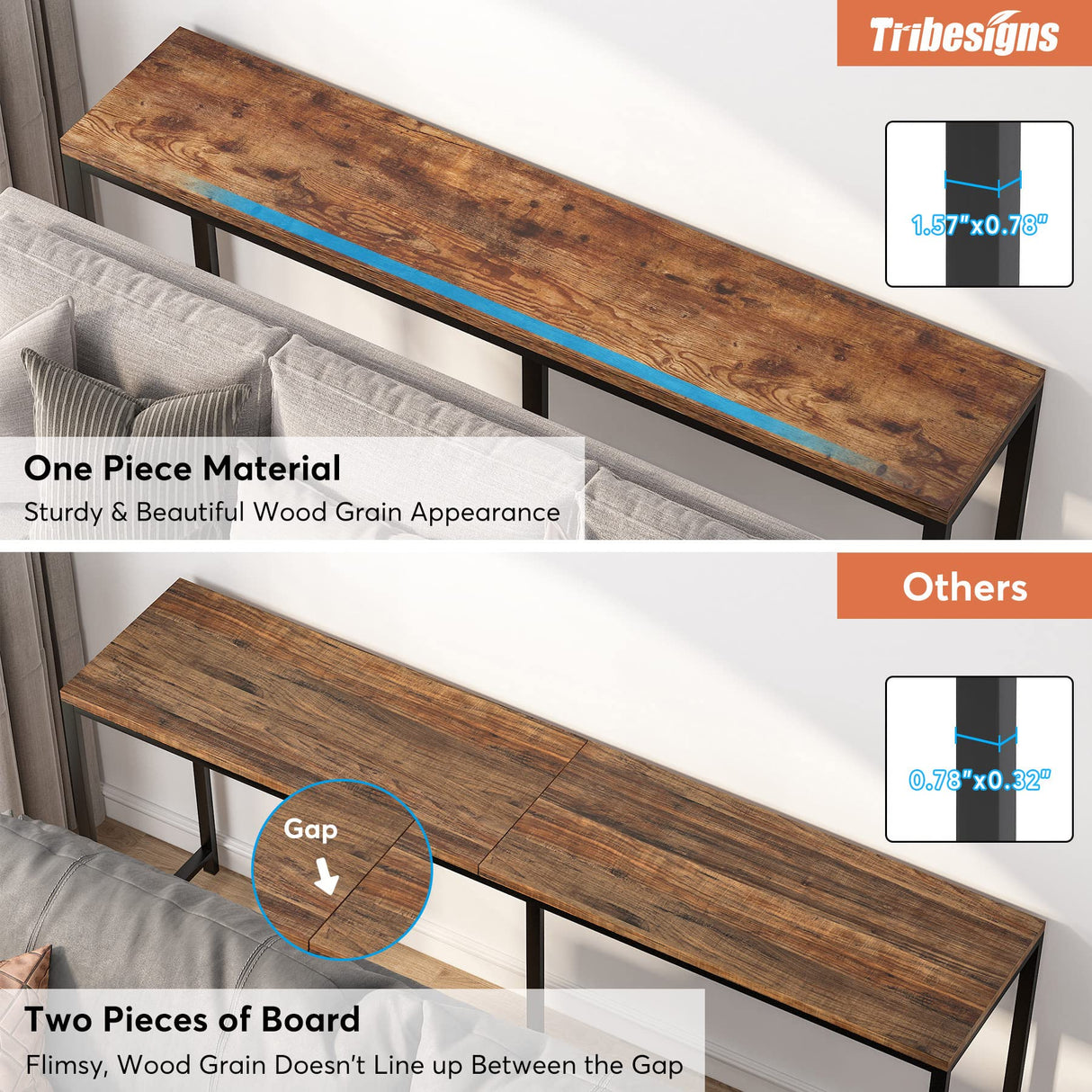 Tribesigns 70.9 inch Extra Long Console Table Behind Couch, Easy Assembly Sofa Table for Living Room Small Space, Rustic Industrial Narrow Entryway Hallway Table (Brown) Tribesigns