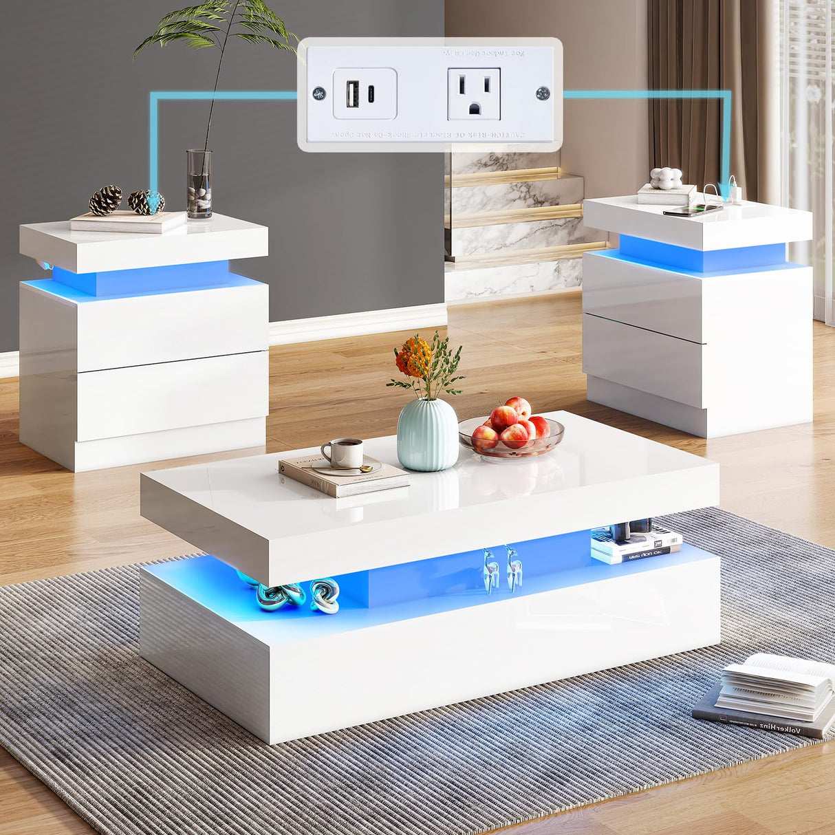 AMERLIFE High Gloss 3 Pieces Living Room Table Set, Modern LED Coffee Table Sets of 3, 2-Tier Center Table with 2 End Side Tables, LED Lights Bedside Table Nightstands with Charging Station, White AMERLIFE