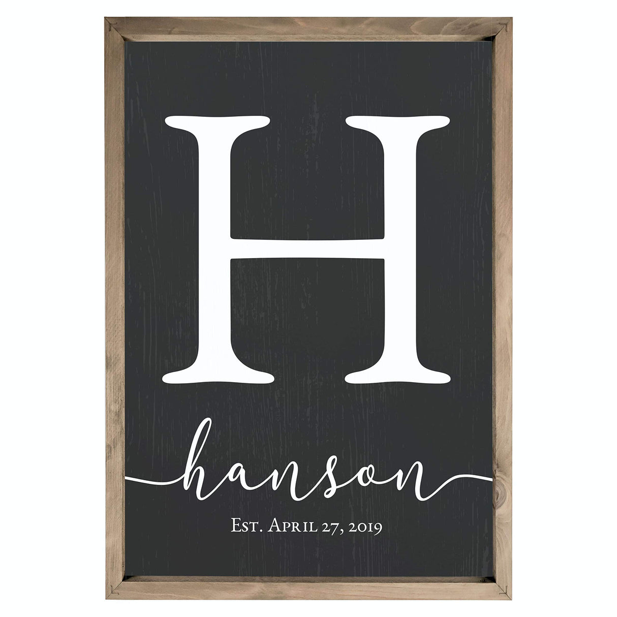 Framed Wooden Family Name Sign Personalized Wood Monogram Choose from Four Sizes (12" x 18", Weathered Grey Frame, Black Background) MRC Wood Products