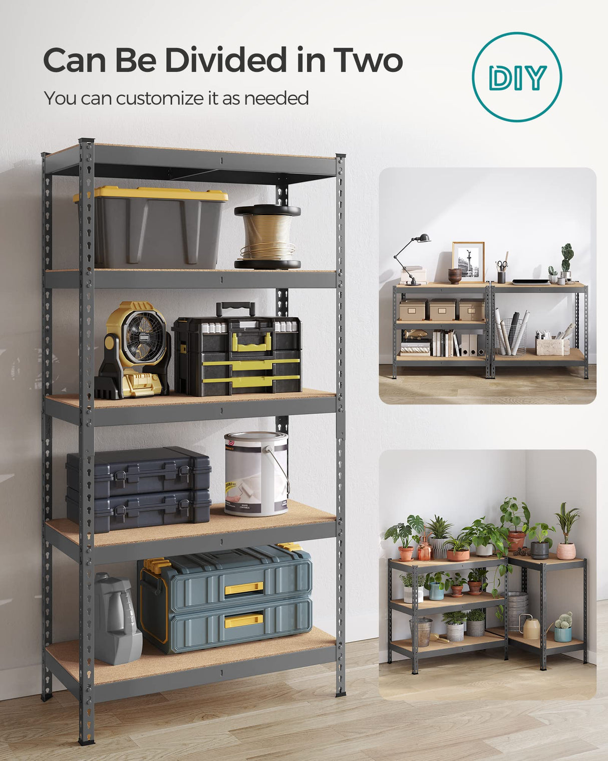 SONGMICS 5-Tier Storage Shelves, Garage Storage, Boltless Assembly, Adjustable Shelving Unit, 17.7 x 35.4 x 70.9 Inches, Load 1929 lb, for Shed Warehouse Basement Kitchen, Gray UGLR450G01 SONGMICS