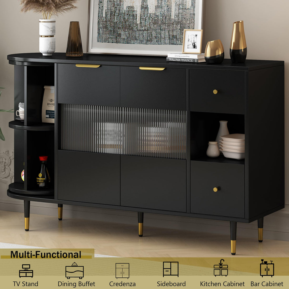 Amposei Modern Dining Buffet 51-Inch Glass Door Sideboard Cabinet Wooden Credenza Console Storage Cabinet with Drawers, Adjustable Shelves & Rotating Open Racks for Living Room Kitchen (Black) Amposei