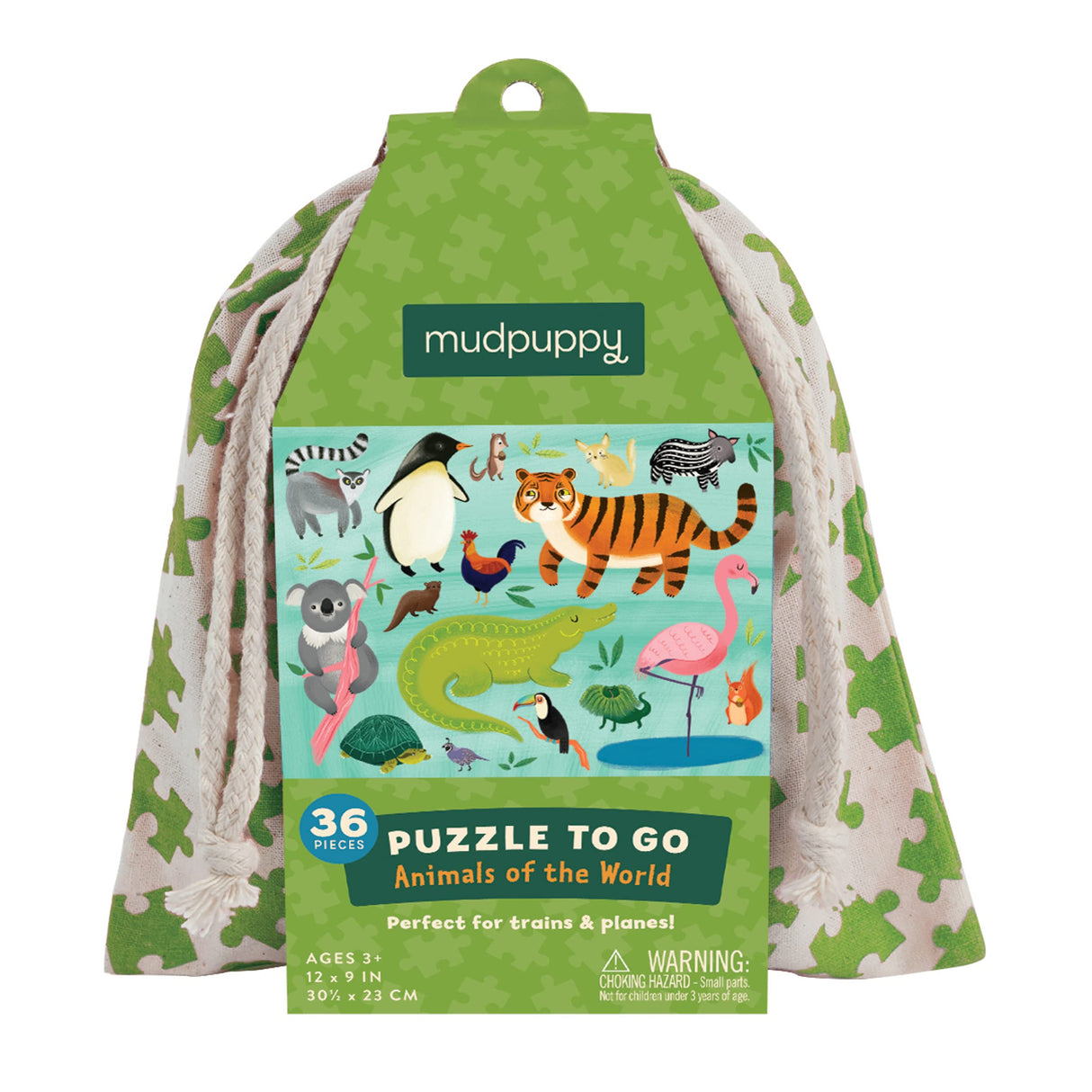 Mudpuppy Animals of The World to Go Puzzle, 36 Pieces – Great for Kids Ages 3+ - Perfect for Travel, Easy Clean-Up, Packaged in Secure, Reusable Fabric Bag Mudpuppy