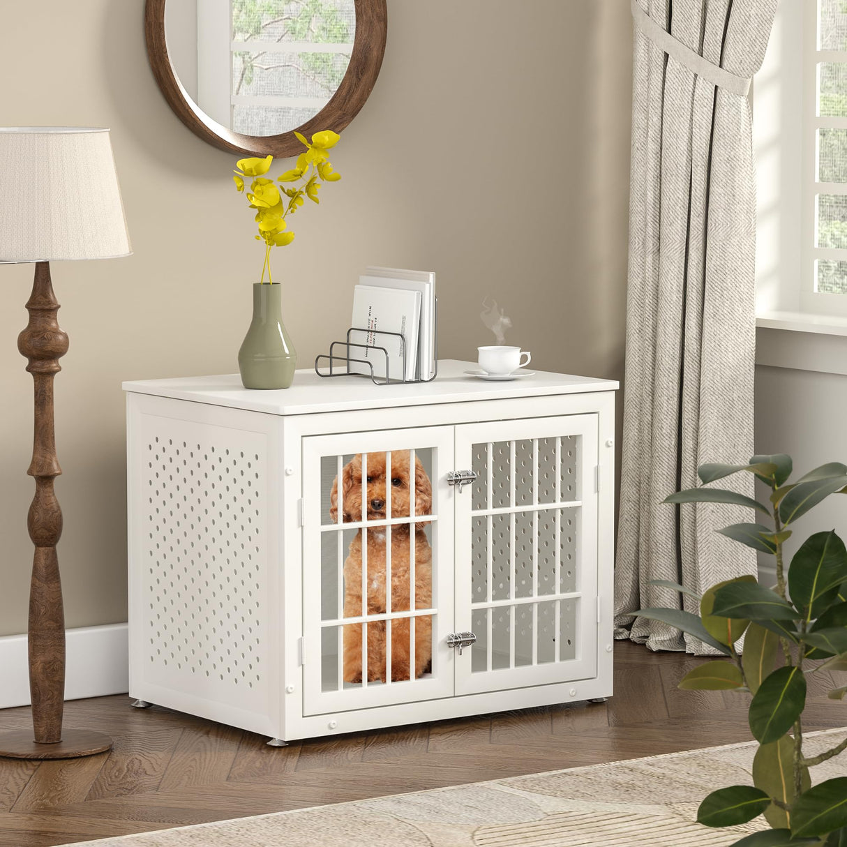 rehomerance Heavy Duty Dog Crate Furniture for Small and Medium Dogs, Indestructible Metal Kennel for High Anxiety Dogs, Chew Proof Pet Cage Indoor, Decorative Dog Kennel End Table, White rehomerance