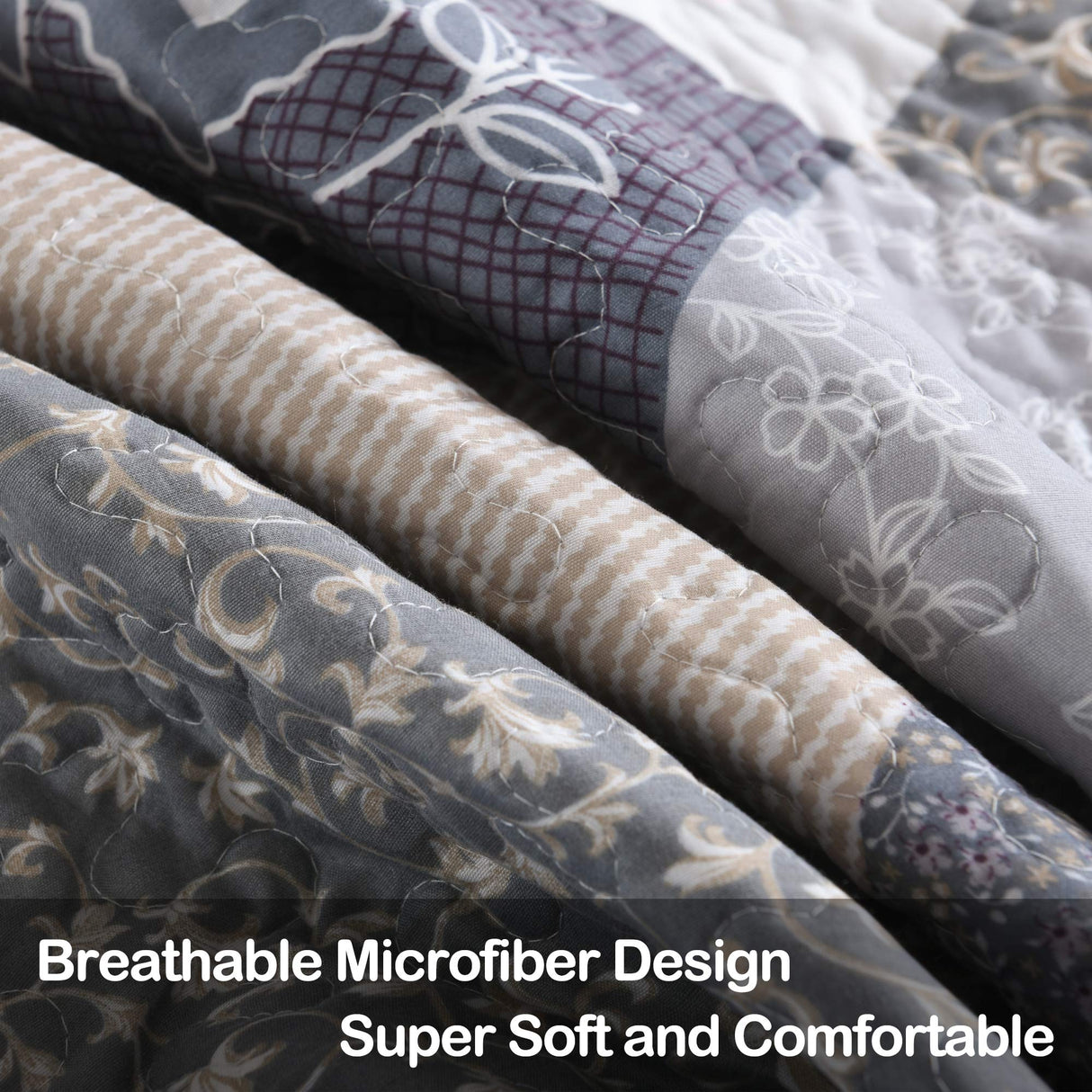 ENJOHOS Farmhouse Quilts King Size - King Quilt Set Grey Bedspread Reversible Patchwork Floral Coverlet Set, Microfiber Lightweight Country Quilts Bedding Set with 2 Pillow Shams(Grey Flower Plaid2) ENJOHOS