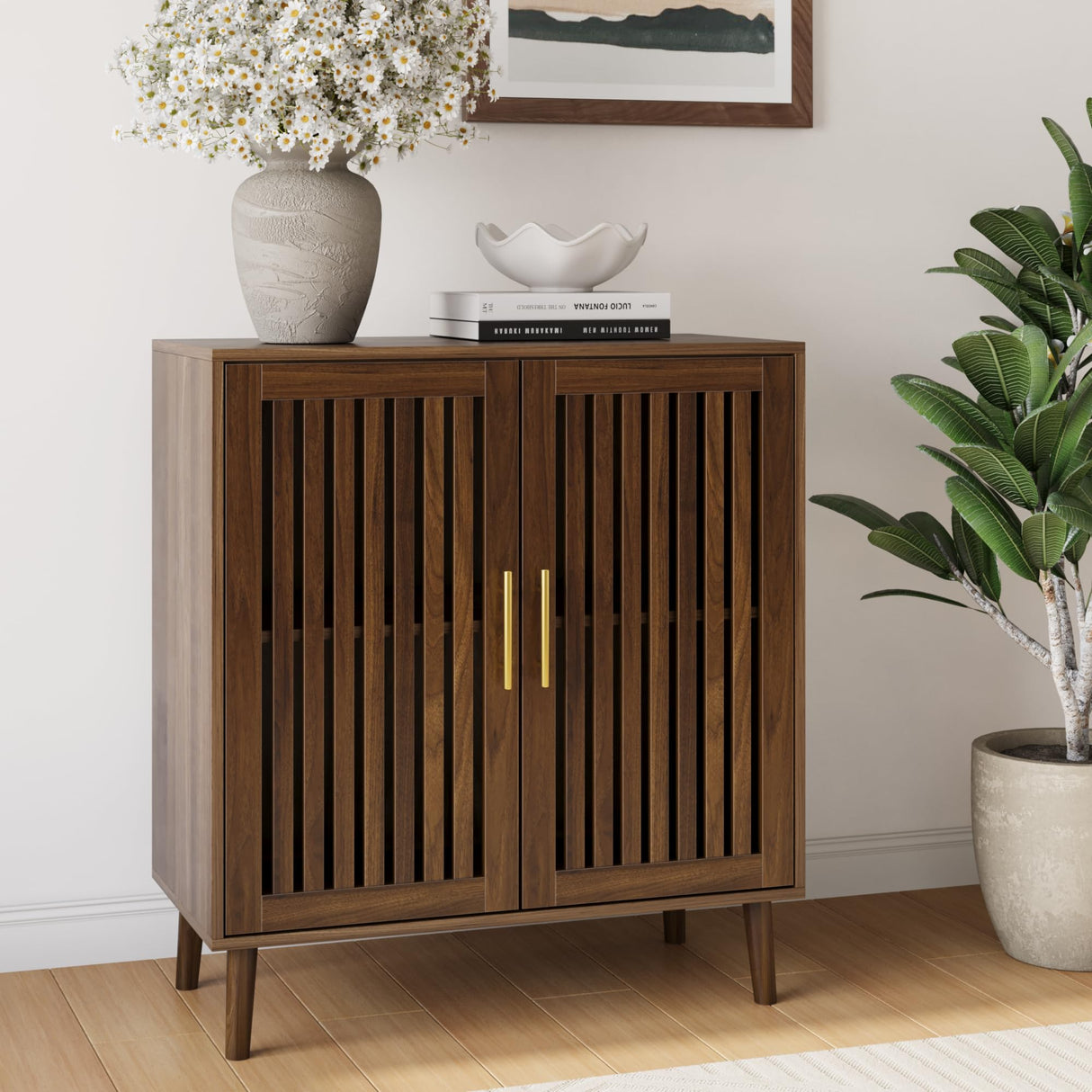 Smart FENDEE Sideboard Cabinet, 31.5" W Farmhouse Buffet Cabinet with Slatted Doors & Adjustable Shelf, Wood Coffee Bar Storage Station for Kitchen, Dining Room, Living Room, Entryway, Walnut Color Smart FENDEE