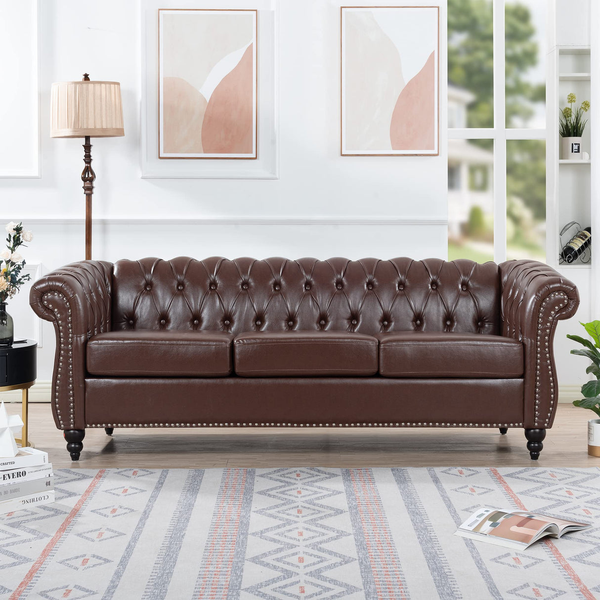 CLUBKNIGHT Modern Chesterfield Sofa Three Seater Couch,Faux Leather Couch with Rolled Arms,Comfy Couches for Living Room,Office,Reception Room(Brown) CLUBKNIGHT