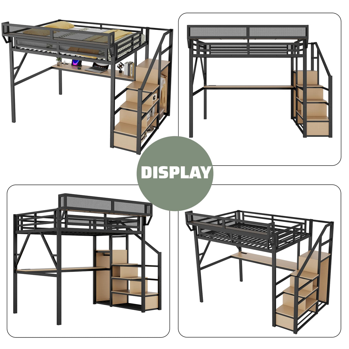 Full Loft Bed with Stairs and Desk, Metal Lofts Bed Full Size with Upper Storage Shelf, Gaming LoftBed with LED, Charging Station and Wardrobe for Teens, Adults,Black MoproBeti