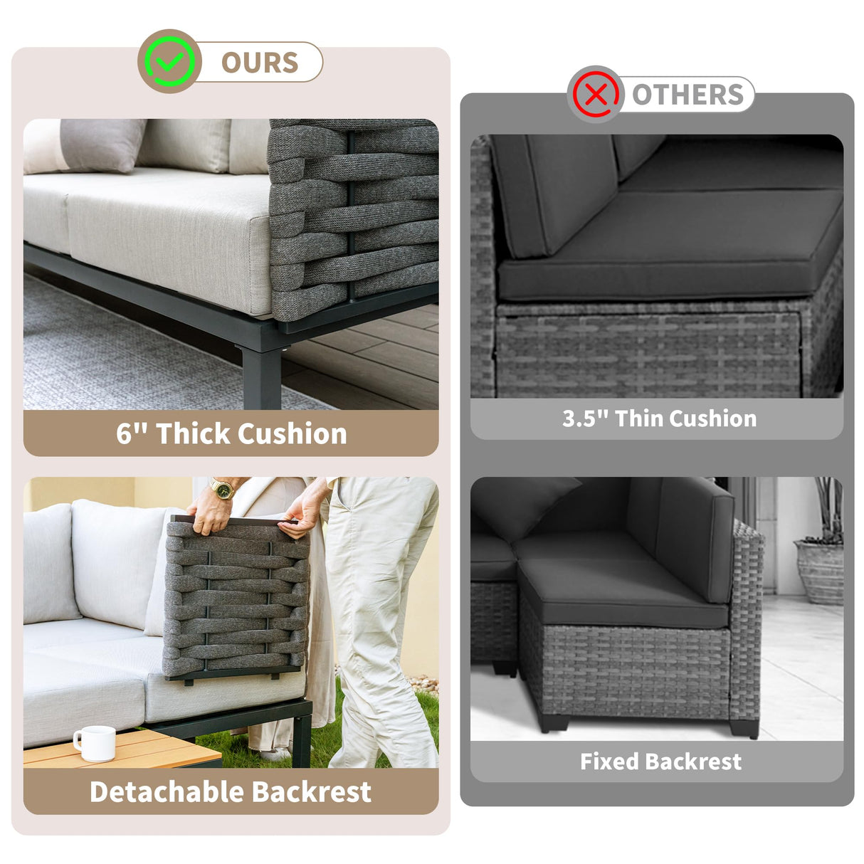 PIZZELLO 8-Piece Outdoor Patio Furniture Set All-Weather Outdoor Conversation Set w/ 6" Ultra Thick Cushions and 2 Coffee Tables, Adjustable Modular Sectional Sofa for Porch, Balcony, Beige PIZZELLO