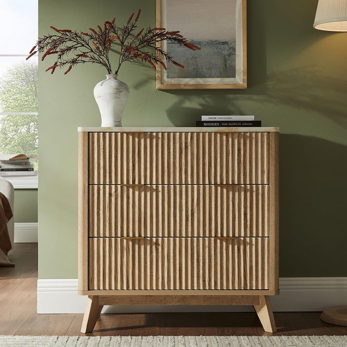 T4TREAM Fluted 3 Drawer Dresser, 32" Tall Modern Chest of Drawers with Faux Marble Top, Curved Profile Design, Wood Drawer Organizer for Bedroom, Living Room, Hallway, Entryway, Natural Oak T4TREAM
