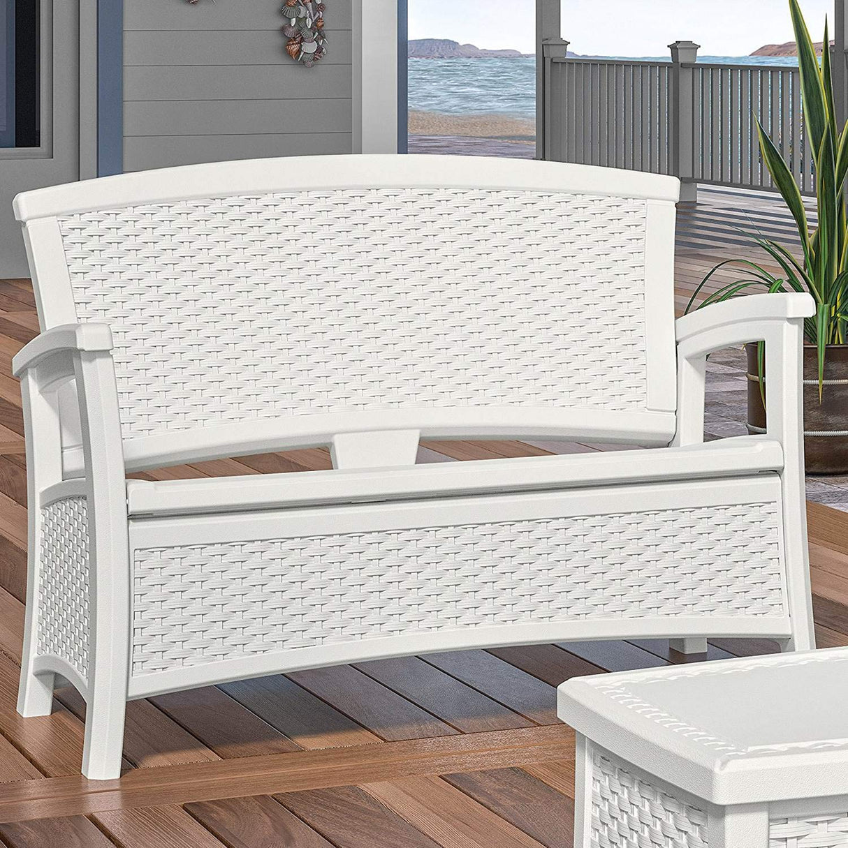 Suncast Elements Stylish Lightweight Loveseat Outdoor Seating with Convenient Built In Universal Storage, and All Weather Plastic, White Suncast