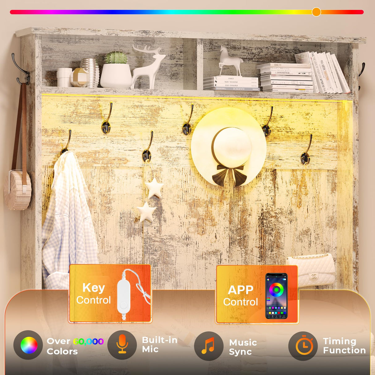 Itaar Hall Tree with Bench and Shoe Storage, 5-in-1 Entryway Bench with Coat Rack, 10 Shoe Cubbies & 9 Coat Hooks, Barn Door & Adjustable Shelf (Vintage White) Itaar