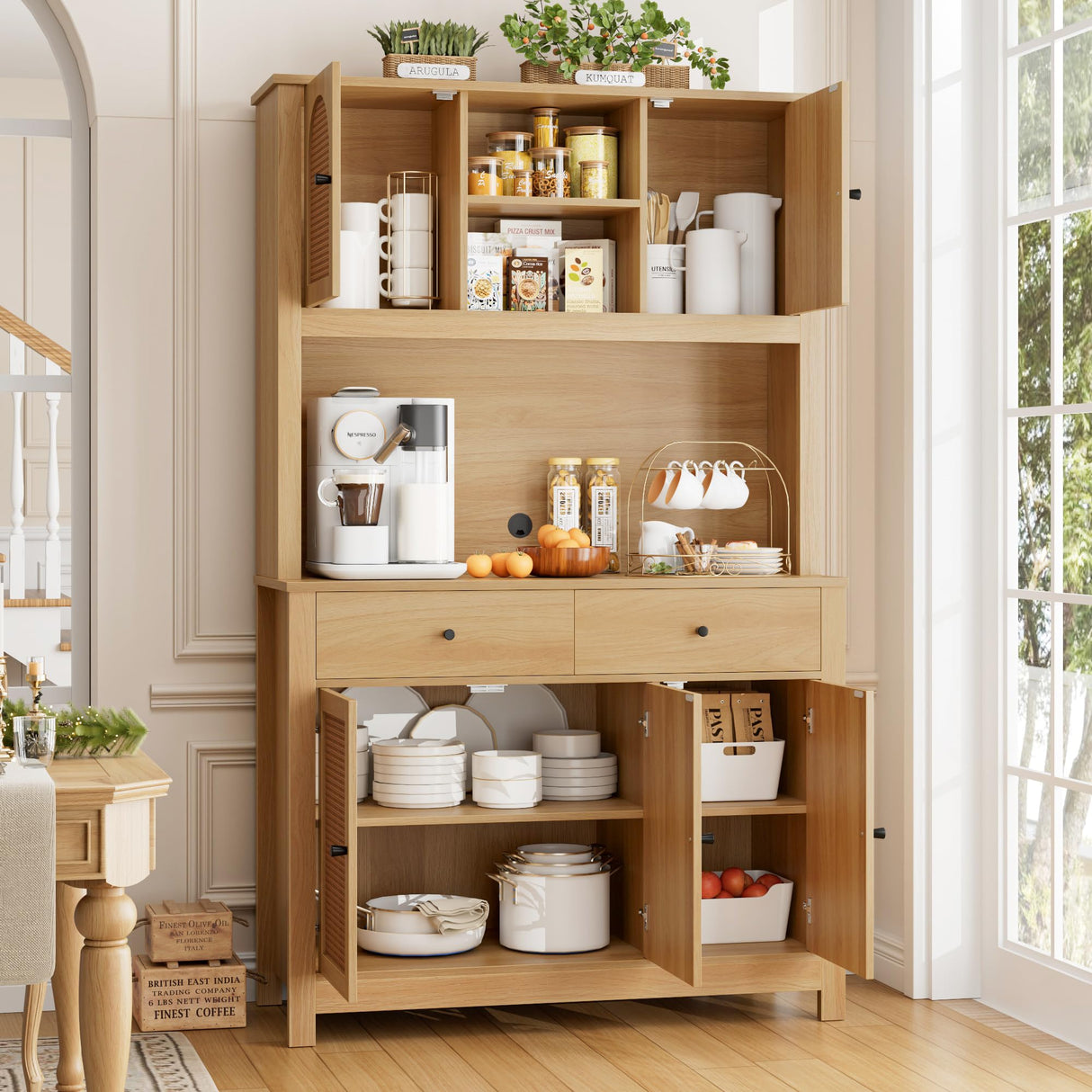 finetones 71" Tall Kitchen Pantry Cabinet, Kitchen Cabinet Hutch Cabinet with Rattan Doors and Microwave Stand, Rattan Kitchen Hutch Food Pantry Cabinet with Drawers & Shelves for Kitchen, Walnut finetones