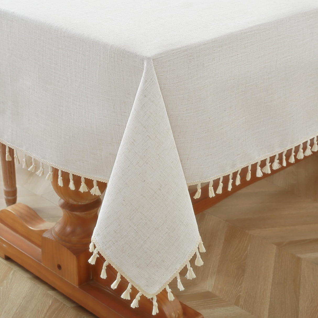 Alsoo Table Cloth Rectangle Table Heavy Duty Cotton Linen Texture Tablecloth Farmhouse Waterproof Wrinkle Free Table Cover with Ivory Tassel for Kitchen Dining Holiday Party, Ivory, 55" x 75" Alsoo