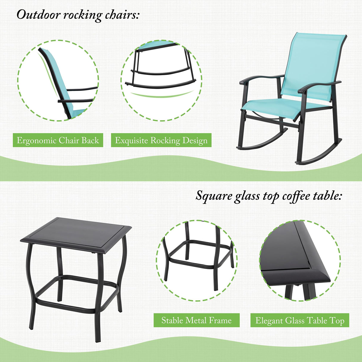 Shintenchi 3 Piece Rocking Bistro Set, Outdoor Furniture with Rocker Chairs and Glass Coffee Table Set of 3, Balcony, Porch Furniture for Small Space, Blue Shintenchi