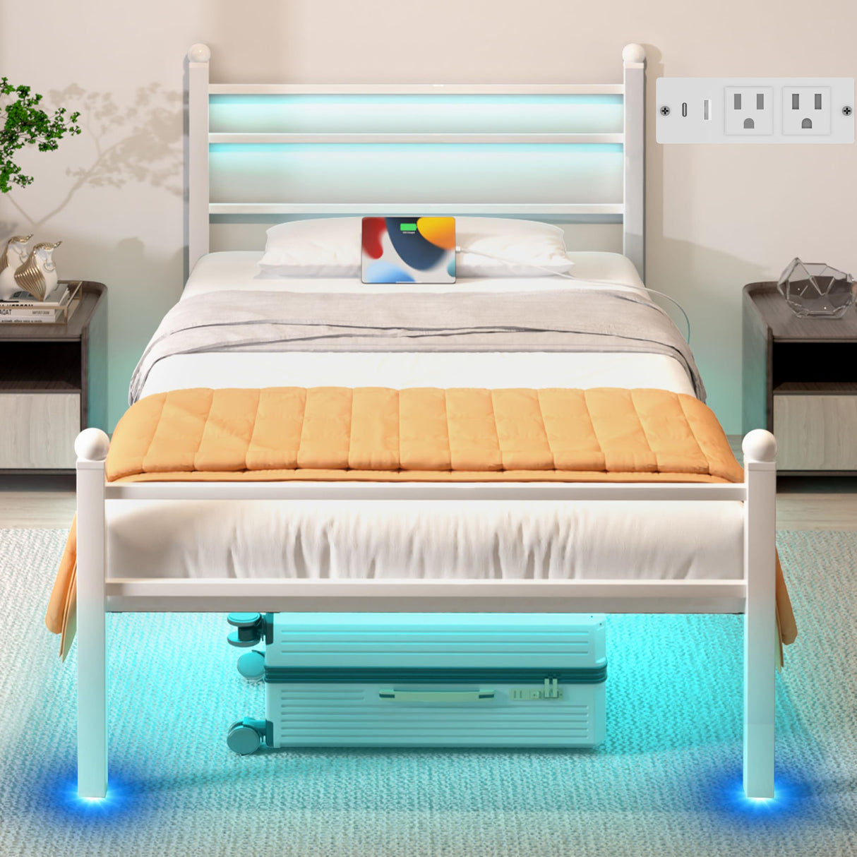 J.Fkne Twin Bed Frame with LED Lights & Charging Station, Metal Platform Bed with Headboard, Heavy Duty Metal Slats, No Box Spring Needed, Noise Free, Easy Assembly, White J.Fkne