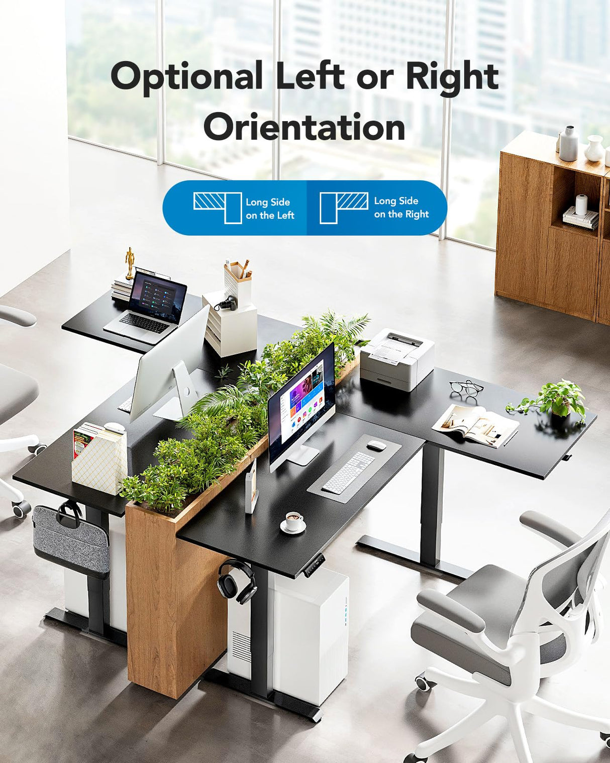 HUANUO L-Shaped Standing Desk, 63 x 40 inch Dual Motor Corner Standing Desk, Electric Height Adjustable Computer Desk with Cable Tray & 3 Preset Heights, Raising Desk for Home Office, Black, HNESD109 HUANUO