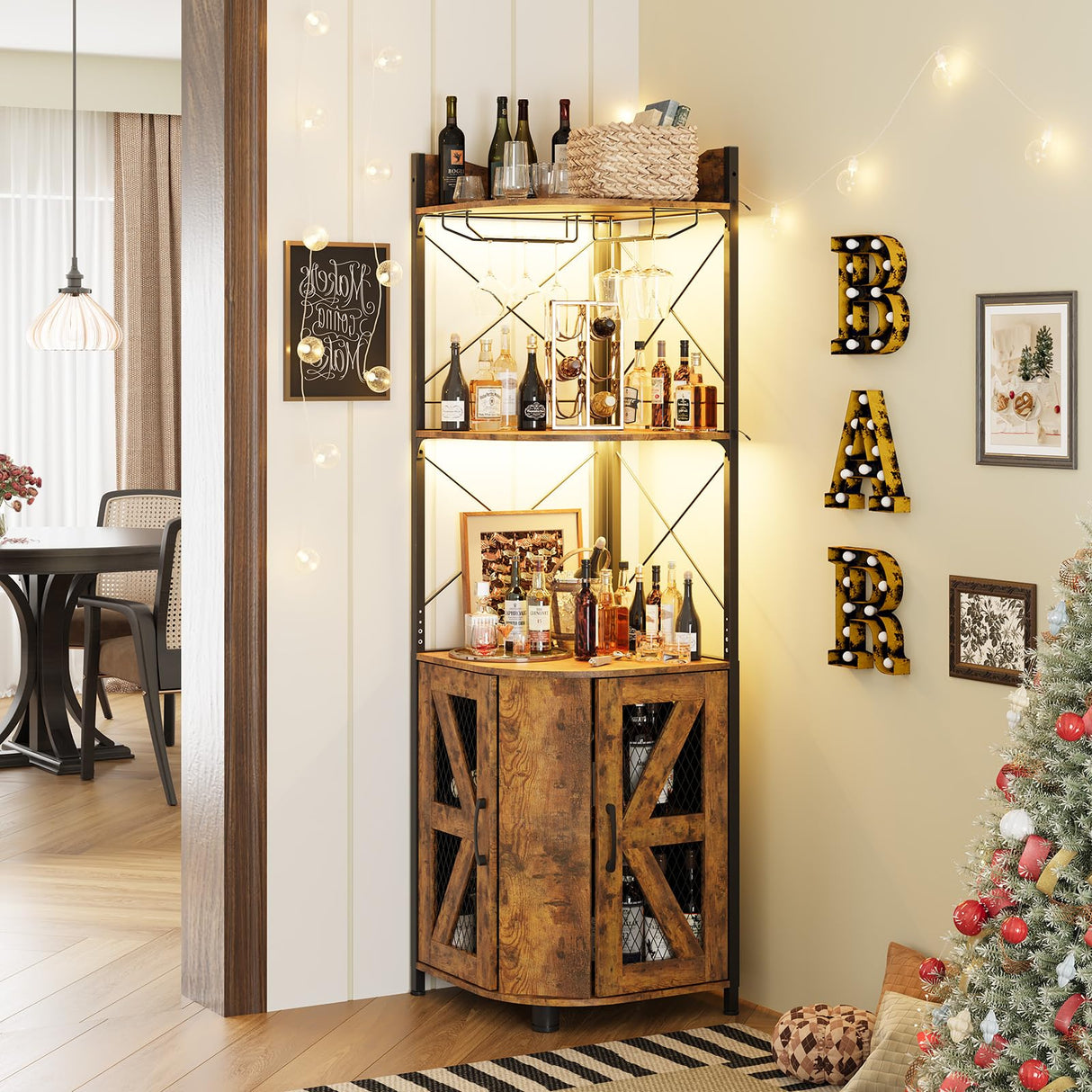 Corner Bar Cabinet with RGB LED Lights and Power Outlet, 63 Inch, 5-Tier Industrial Corner Wine Cabinet with Glass Holder, Corner Liquor Cabinet for Home, Bar Cabinet - Rustic Brown Pipleo