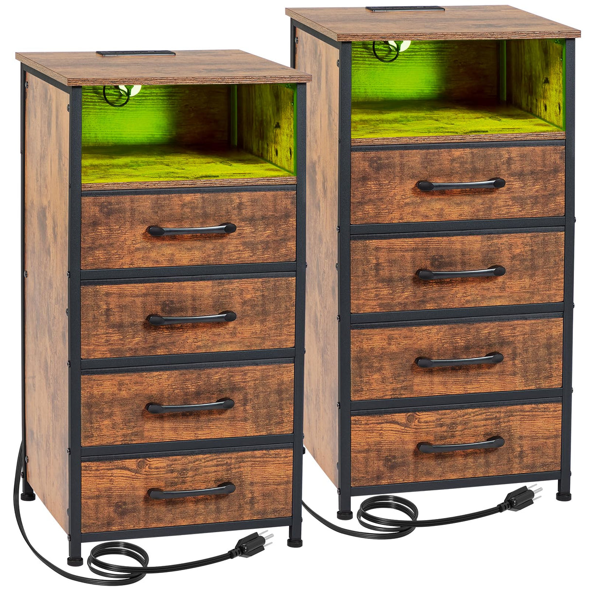 LOAKEKEL Night Stand Set 2, Tall Nightstand with Charging Station, Dresser for Bedroom with 4 Drawers, LED End Tables with USB Ports and Outlets, Rustic Brown, HNS034PBR LOAKEKEL
