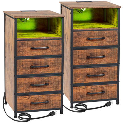 LOAKEKEL Night Stand Set 2, Tall Nightstand with Charging Station, Dresser for Bedroom with 4 Drawers, LED End Tables with USB Ports and Outlets, Rustic Brown, HNS034PBR