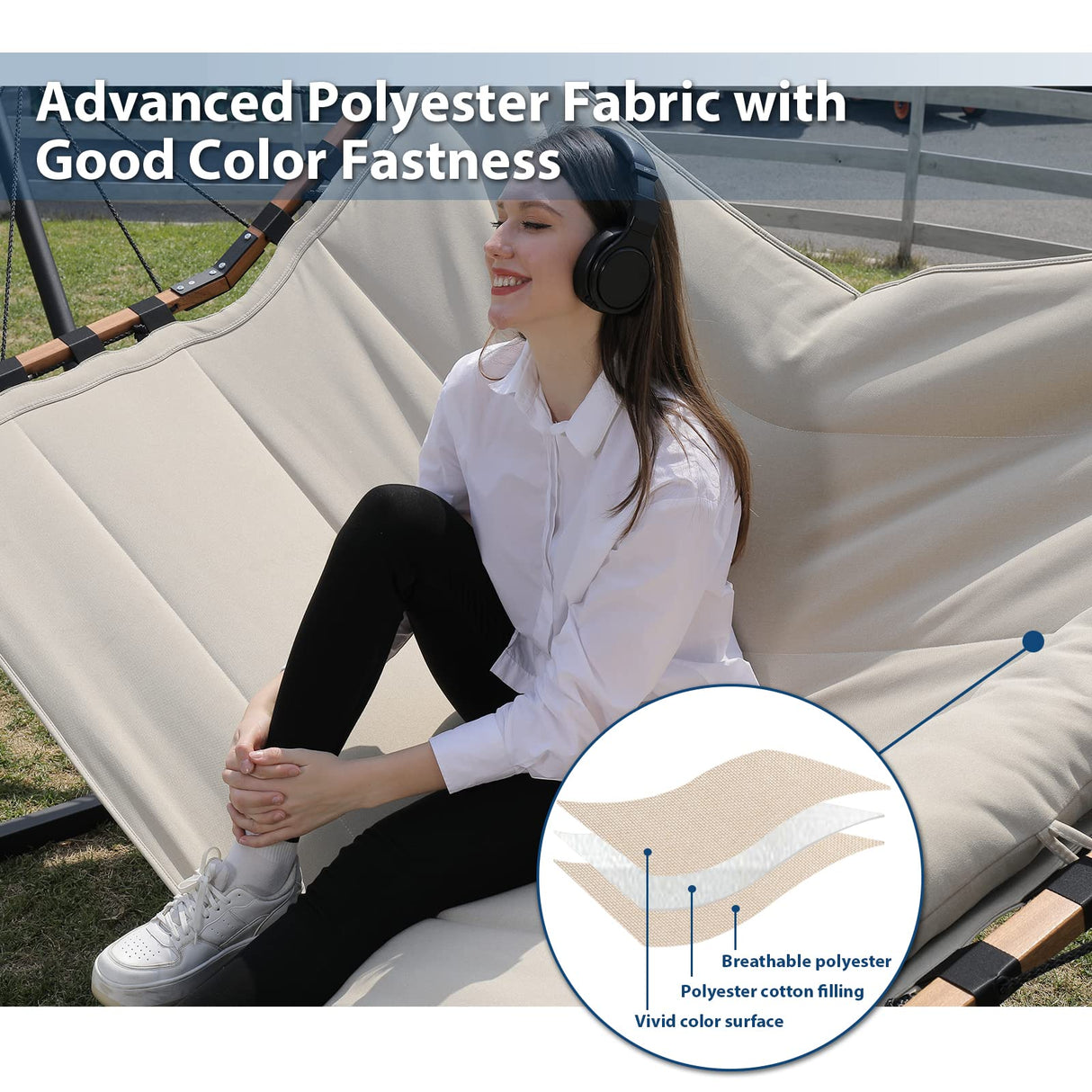 TegerDeger 12FT 2 Person Hammock Large Hammock 450LB Capacity with V Shaped Hardwood Spreader Bar & Nylon Rope for Outside, Patio, Garden, Backyard, Beach, Poolside - Beige TEGERDEGER