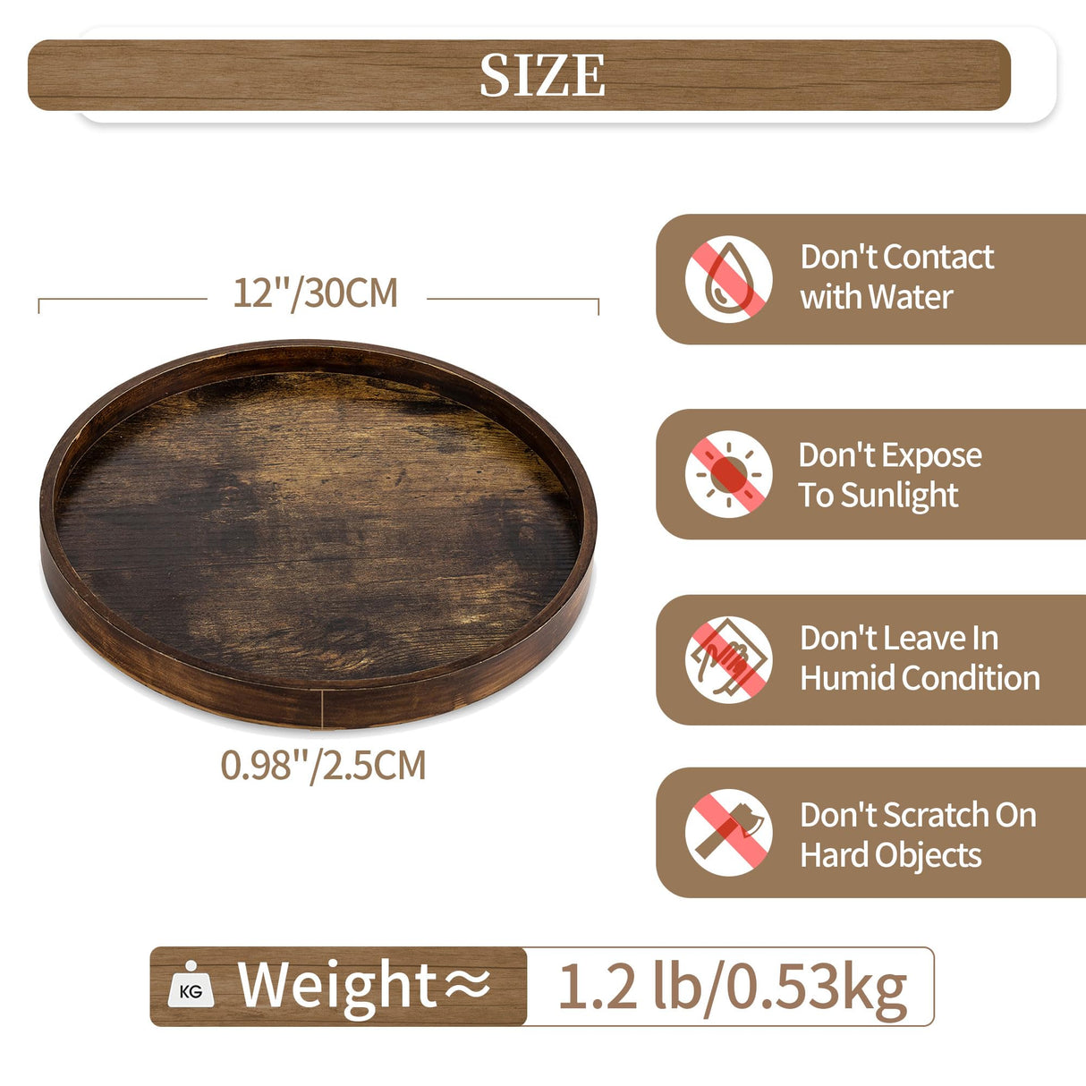 Hanobe Decorative Coffee Table Tray: Brown Wood Tray Round Rustic Wooden Trays Circle Farmhouse Centerpiece Candle Holder for Home Decor Ottoman Counter Display Living Room Organizer 12" Hanobe