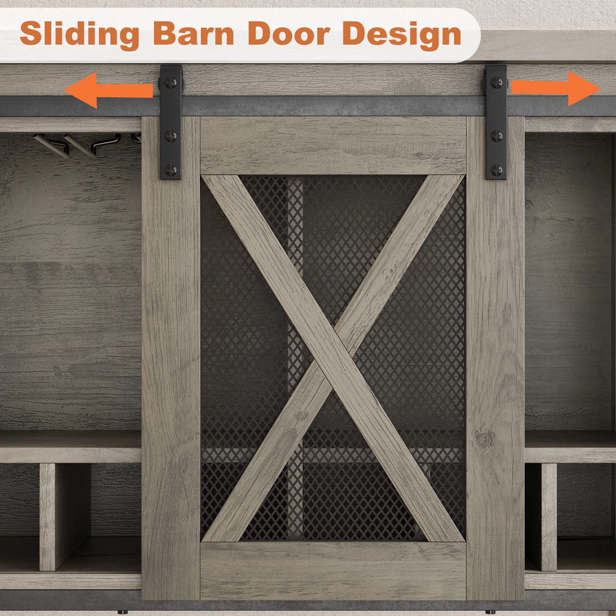 IDEALHOUSE Buffet Storage Cabinet Farmhouse Wine Cabinet Coffee Bar Table with Wine Glass Rack and Storage, Wood Buffets and Sideboards with Barn Mesh Door for Kitchen, Dining, Living Room, Grey IDEALHOUSE