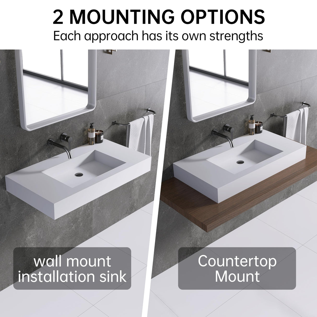 MEDUNJESS 35 inch Stone Resin Wall Mounted Floating Sink, Bathroom Vanity with Sink Solid Surface Bathroom Pedestal Sink Basin with No Hole, Matte White MEDUNJESS