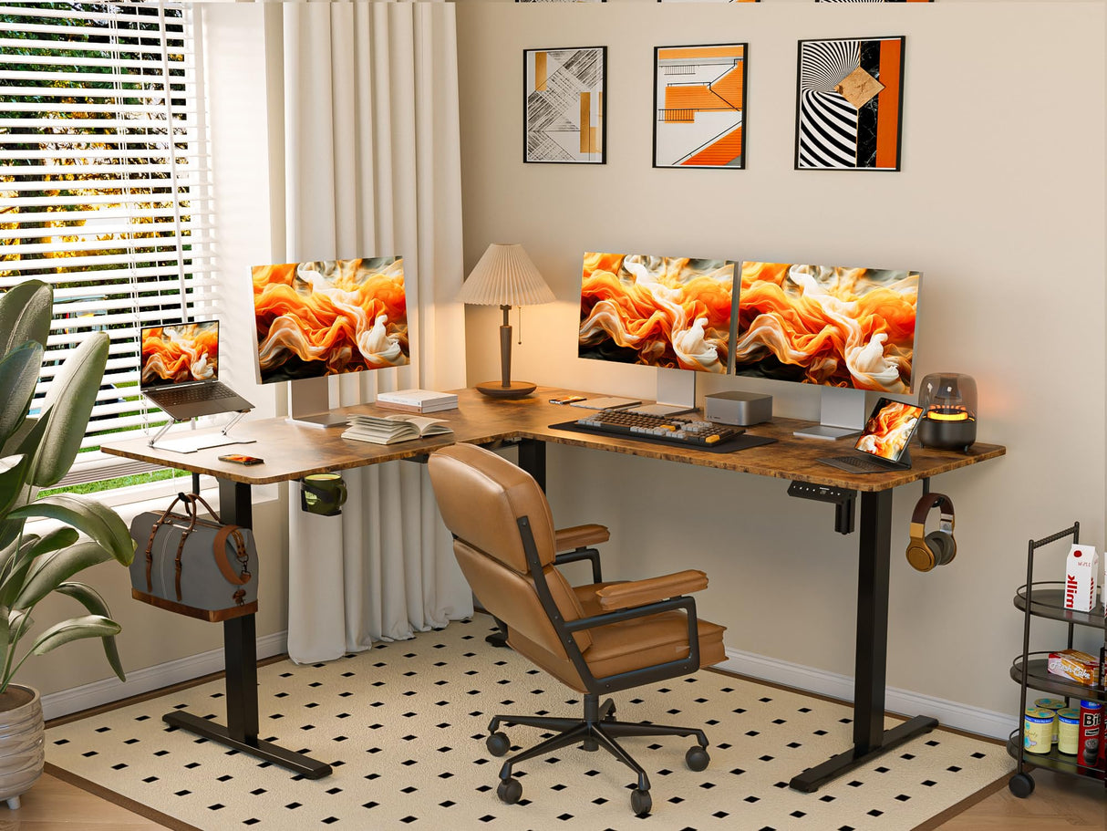 WALKINGDESK 63X55 Inches Reversible L Shaped Standing Desk Height Adjustable with Cup Holder, Electric Corner Computer Desk, Sit Stand up Home Office Desk, Ergonomic Gaming Desk, Rustic Brown WALKINGDESK