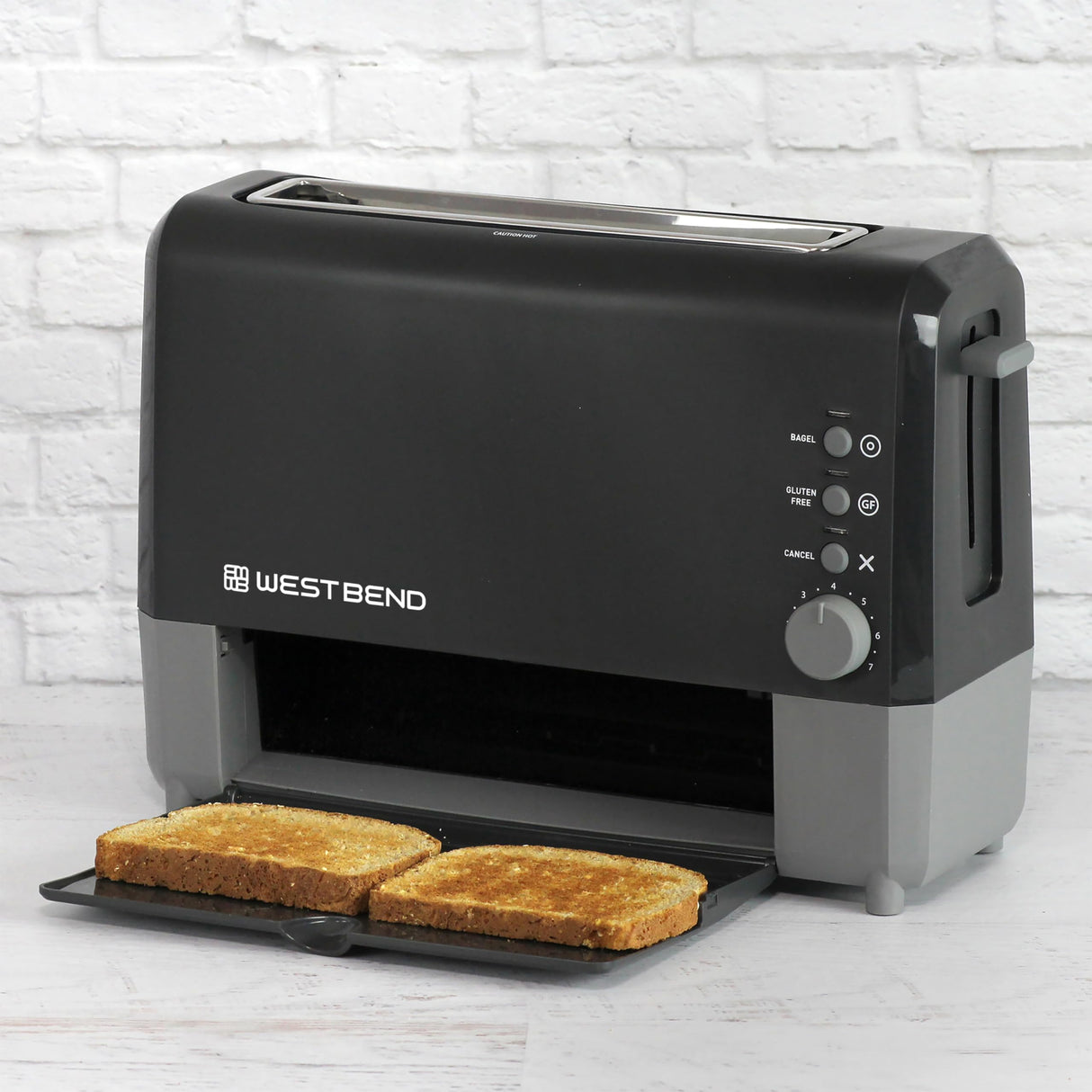 West Bend 77224 Toaster 2 Slice QuikServe Wide Slot Slide Through with Bagel and Gluten-Free Settings and Cool Touch Exterior Includes Removable Serving Tray, Black West Bend