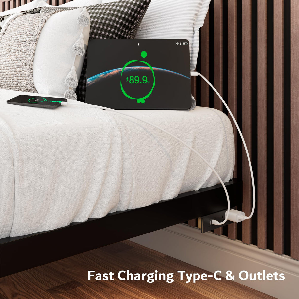 iPormis Modern King Size Floating Bed Frame with LED Lighting & Charging Station, Durable Metal Platform Design iPormis