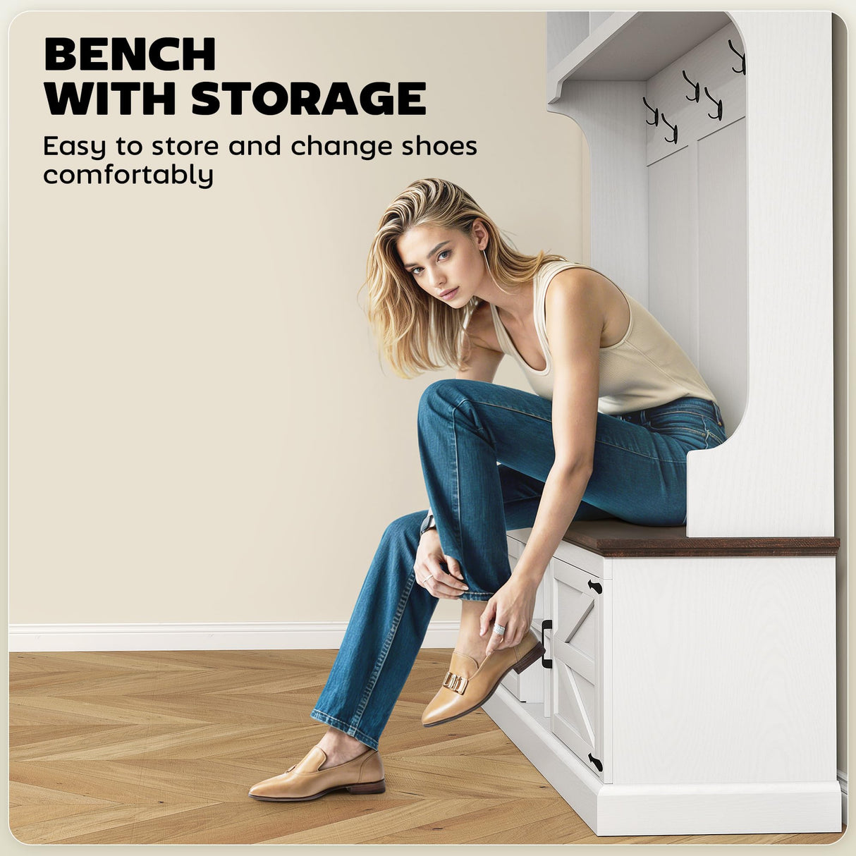 HOMCOM 3-in-1 Hall Tree with Shoe Storage, Standing Coat Rack with Shoe Bench, Entryway Furniture with Seven Hooks, White Wood Grain HOMCOM