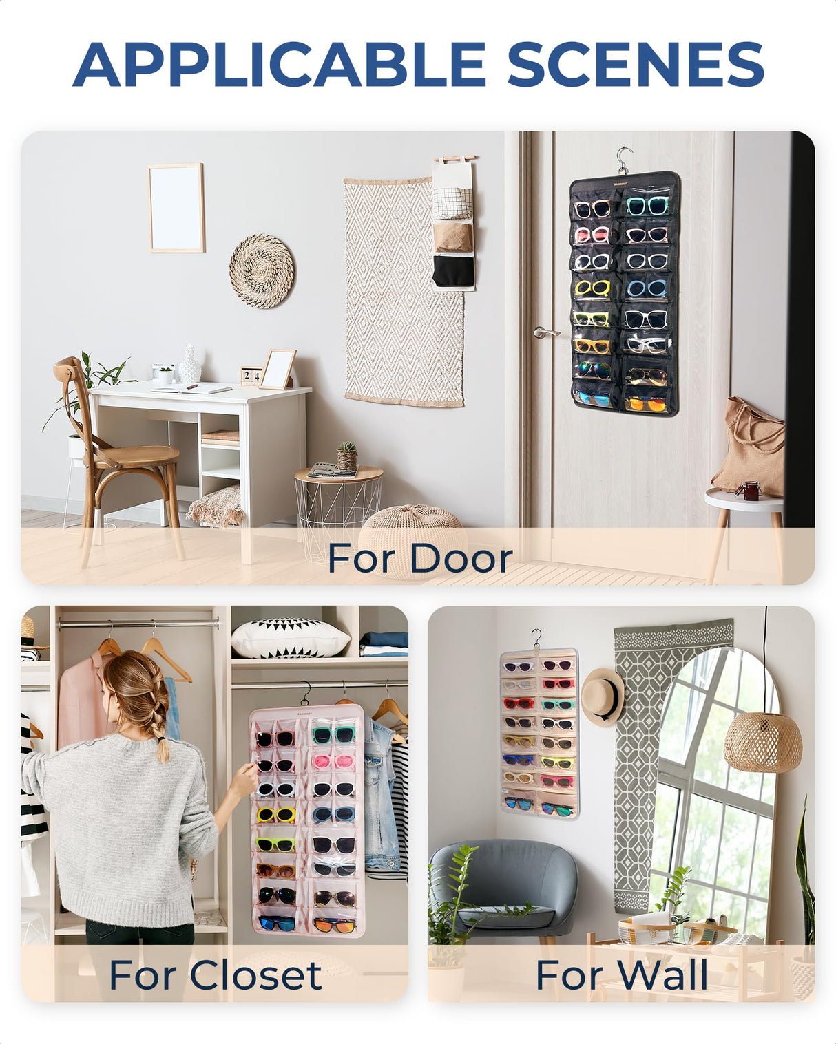 BAGSMART Hanging Jewelry Organizer, Dust Proof Sunglasses Storage Case Wall Mounted, Travel Dual Sided Glasses Case Multiple Pairs, Eyeglasses Holder with 32 Clear Slots & Metal Hook, Black BAGSMART