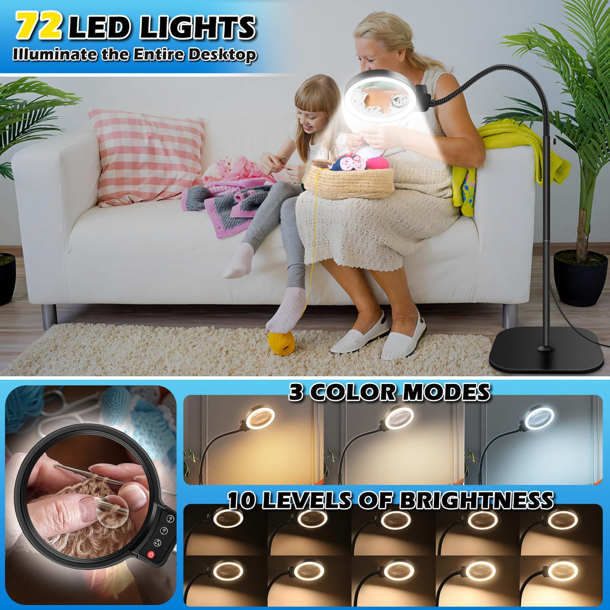 30X 10X Large Floor Magnifying Glass with Light and Stand,72 LED Flexible Gooseneck Floor Magnifying Lamp,2 in 1 Lighted Magnifiers for Close Work, Sewing,Crafts,Hobbies(Black) HQGZQL