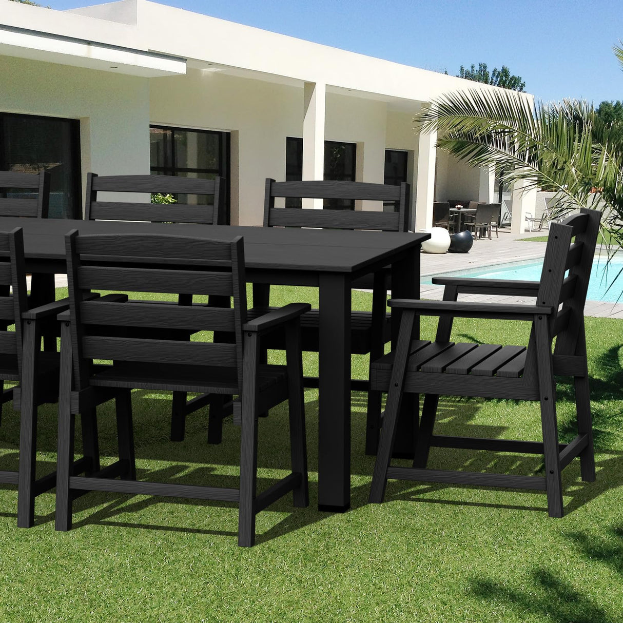 LOUNZY 9-Piece Patio Dining Set, 90'' Outdoor HDPE Luxury Table with 8 Weather-Resistant Chairs for Backyard, Deck, Lawn, Poolside, Black LOUNZY