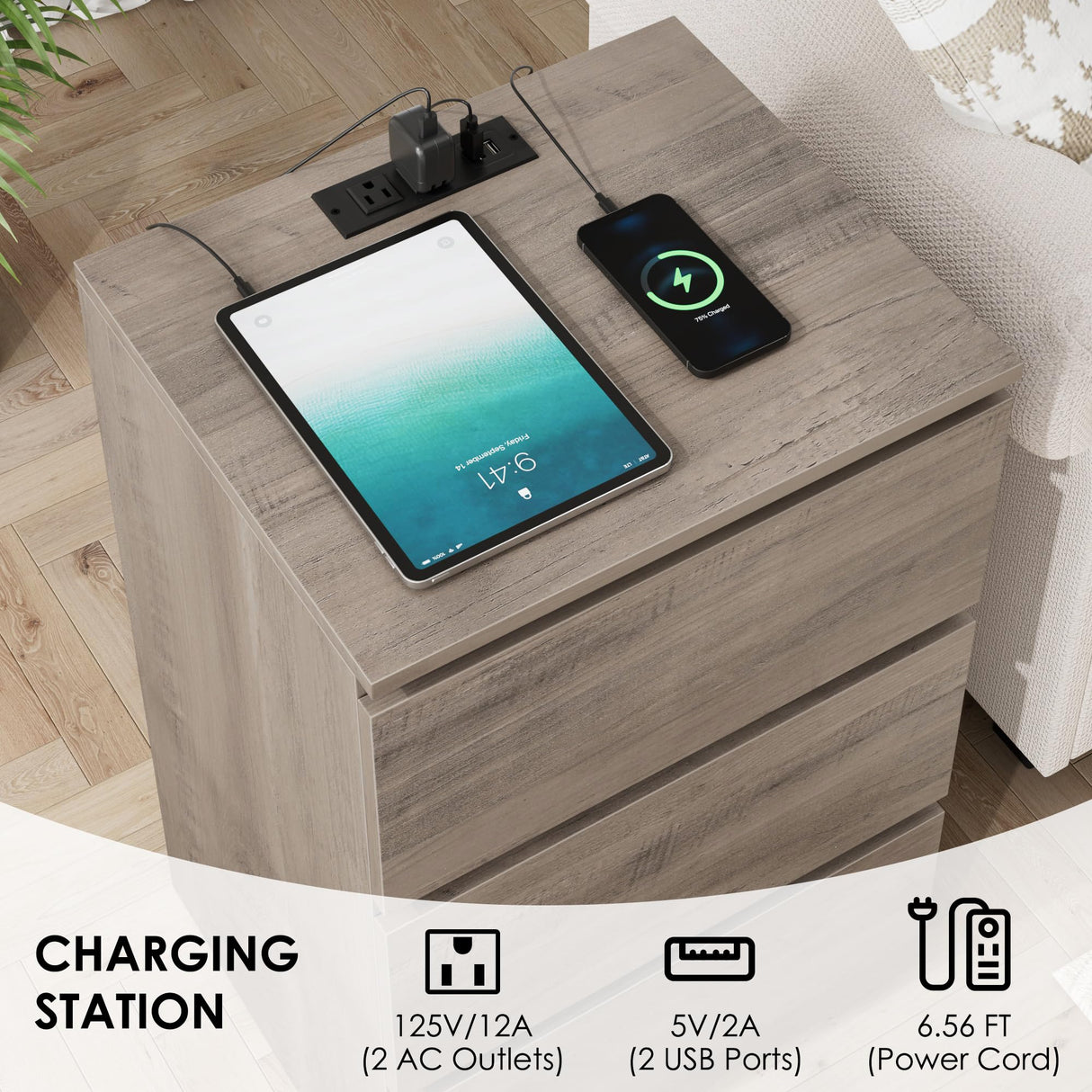 FOTOSOK Nightstand with Charging Station, Vintage Ash Grey Night Stand with USB Ports & Power Outlets, Silent Slides, Wooden End Side Table Bedside Table with 3 Drawers for Bedroom, Ash Grey FOTOSOK