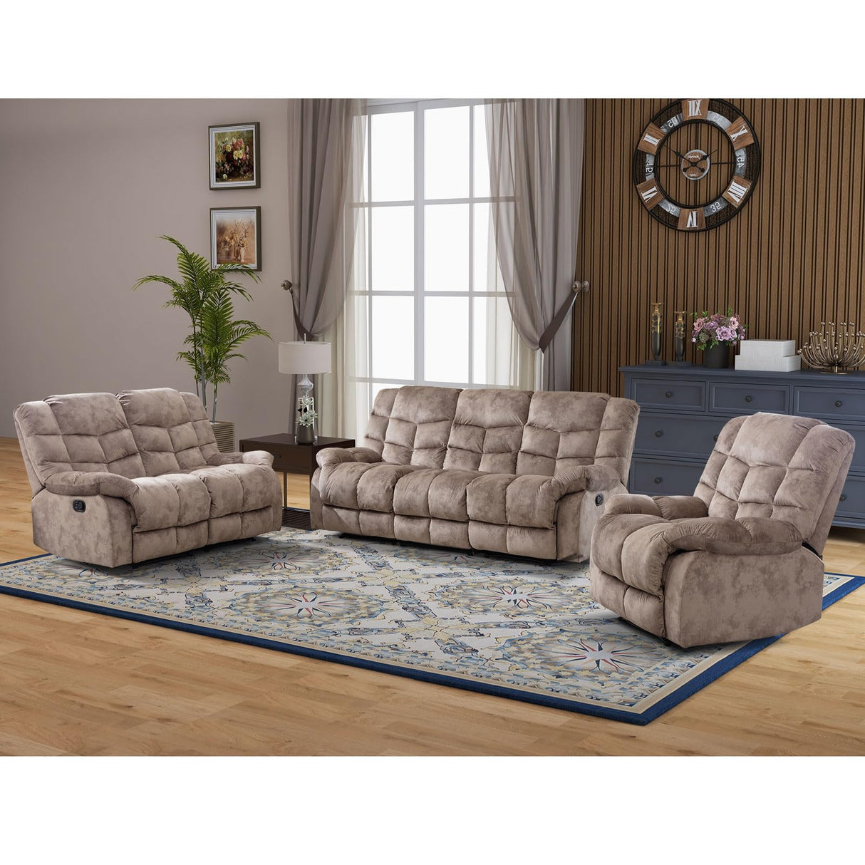 CANMOV Manual Reclining Sofa Set, 3 Pieces Recliner Sofa Set, Manual Recliner Chair, Reclining Loveseat and 3-Seat Sofa for Living Room, 3 Pieces Furniture Set, Light Brown (1+2+3) CANMOV