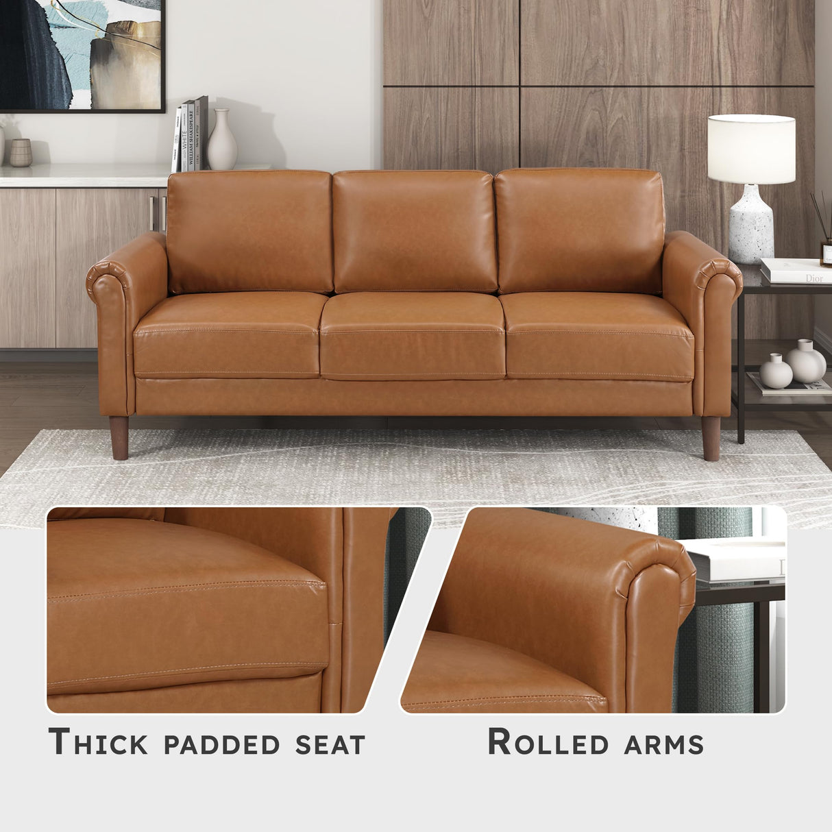 Lexicon 79" W Sofa Couch, Faux Leather Upholstered Couch, Sofa with Rolled Armrest for Bedroom/Office/Waiting Room, 3 Seater, Brown Lexicon