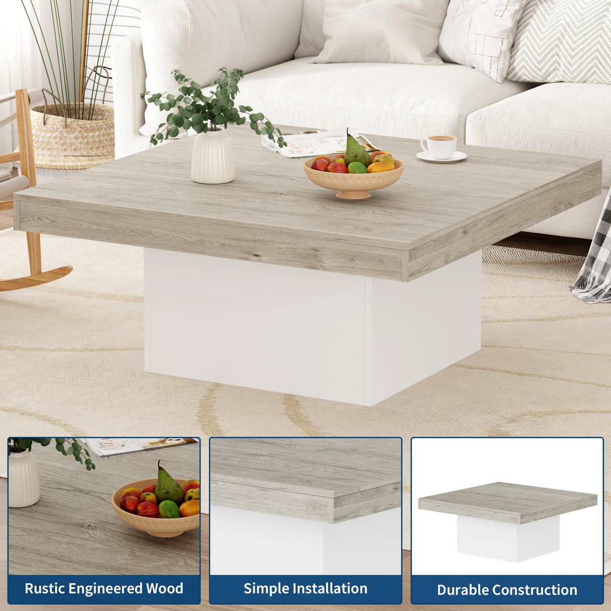 GarveeHome Square Coffee Table with Led Lights, 35 in Living Room Tables, Modern Coffee Tables with Plug-in 16-Color LED Lights, Cocktail Table for Home Office, Apartment, Reading Room GarveeHome