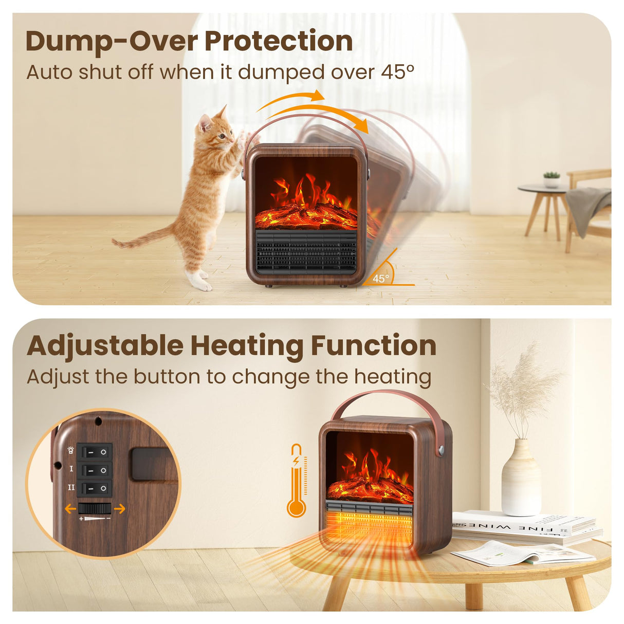 Riseon Small Portable Space Heater for Indoor use with Realistic 3D Flame, Mini Electric Fireplace Heater with Thermostat, 1500W/750W PTC Ceramic Heating, Tip-Over Safety Switch, Walnut Riseon