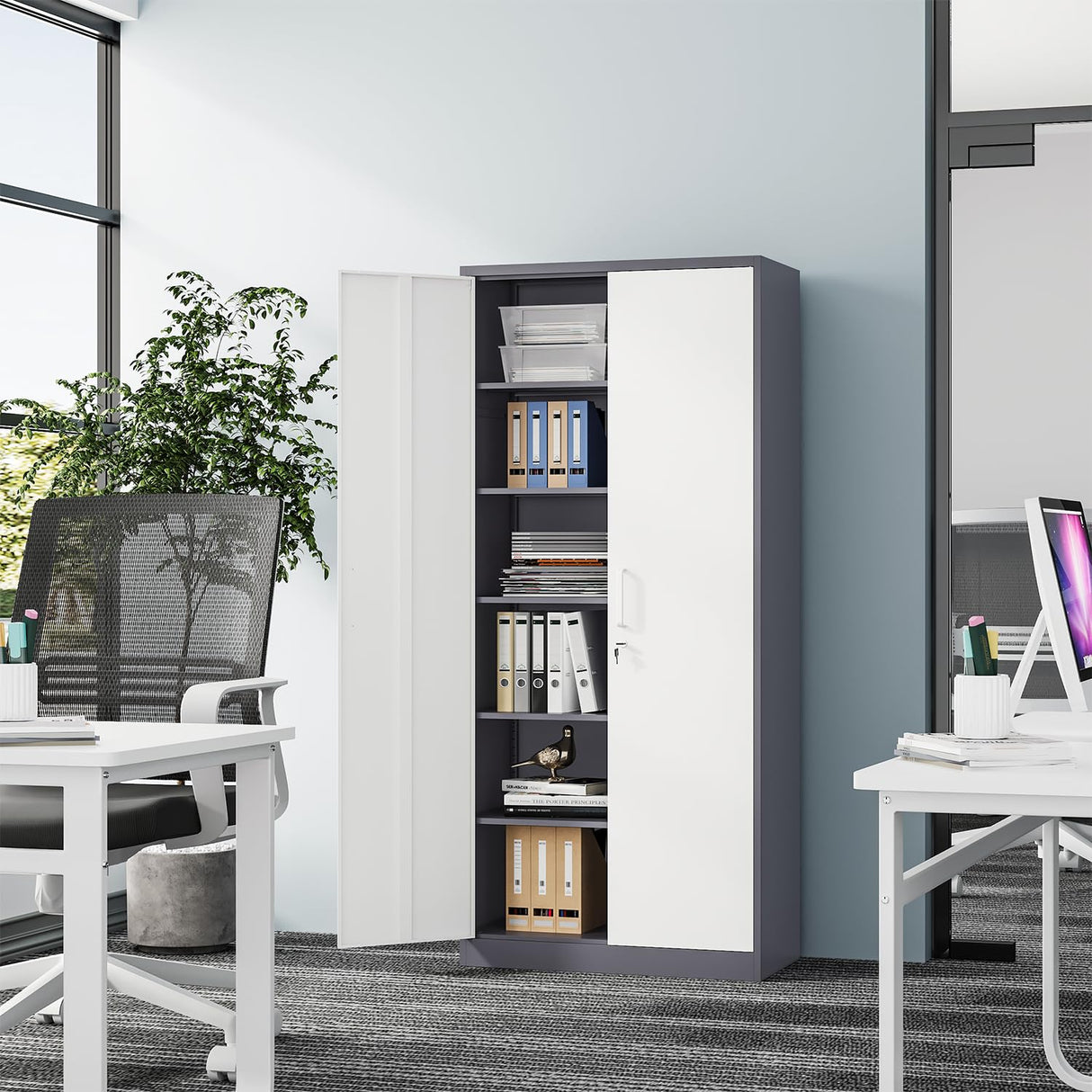 Fesbos Metal Storage Cabinet-72” Tall Steel File Cabinets with Lockable Doors and 5 Adjustable Shelves-Gray&White Steel Storage Cabinet for Home, School, Office, Garage Fesbos