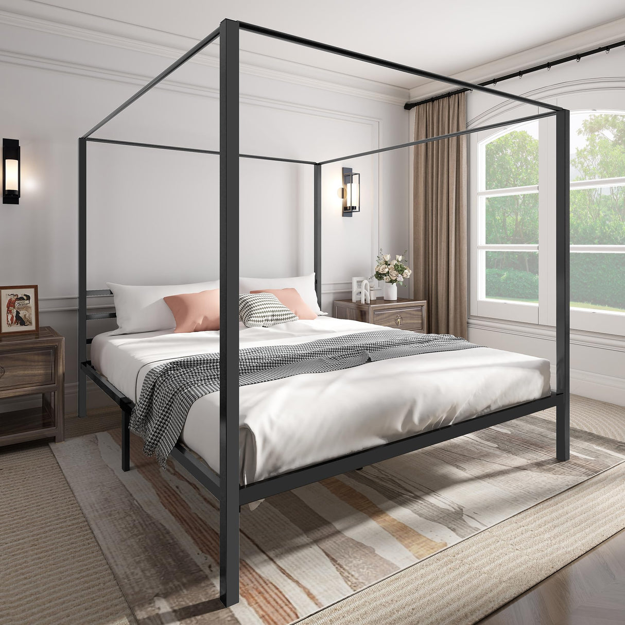 DWVO King Size Bed Frame, Black Metal Canopy Bed Frame with Integrated Headboard, Sturdy Wood Slats for Mattress Support, 14" Elevated Platform Design, Box Spring Not Required DWVO