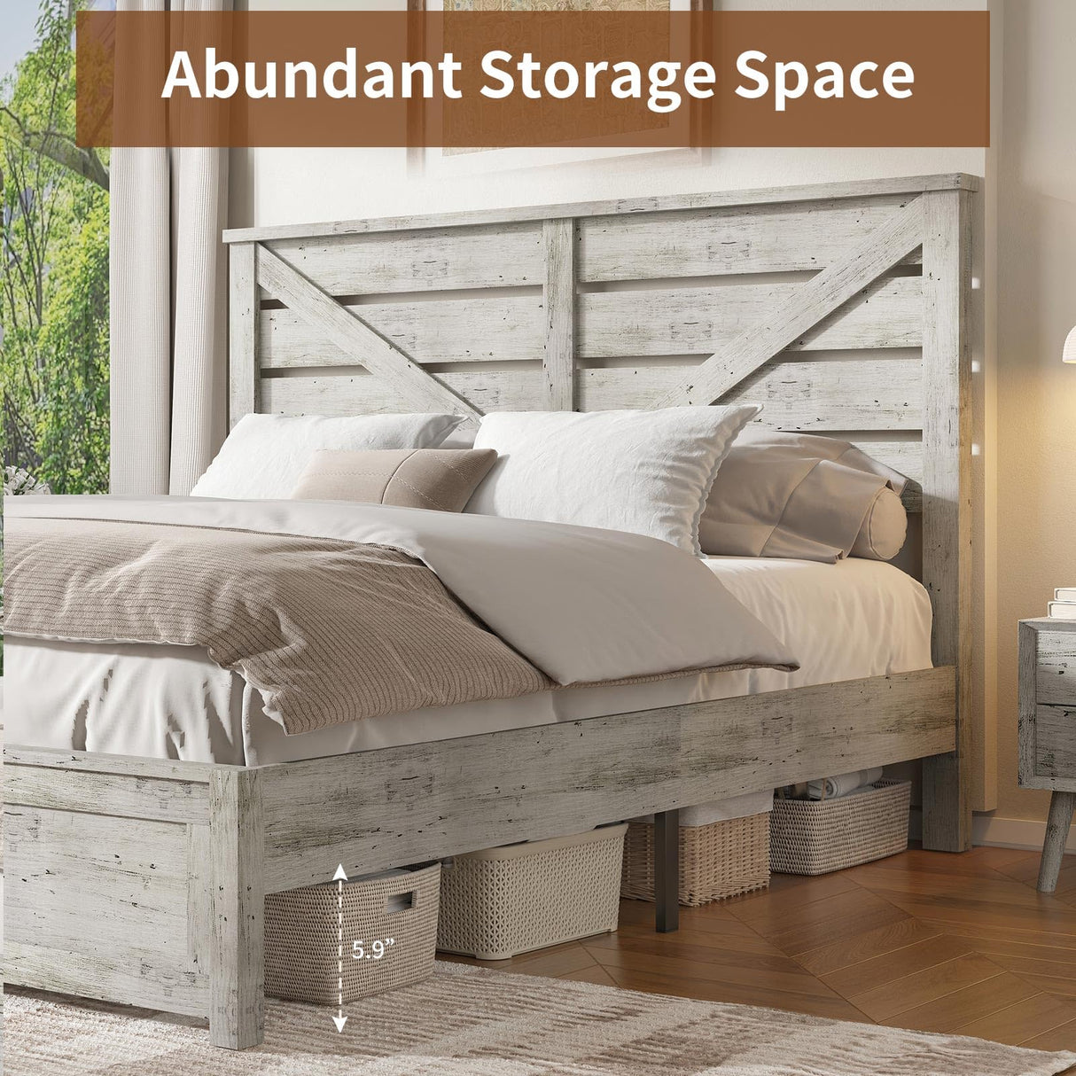 LUXOAK King Size Farmhouse Wooden Bed Frame, Platform Bed Frame with 49.2" Headboard/Noisy Free/No Box Spring Needed/Easy Assembly/Distressed White LUXOAK