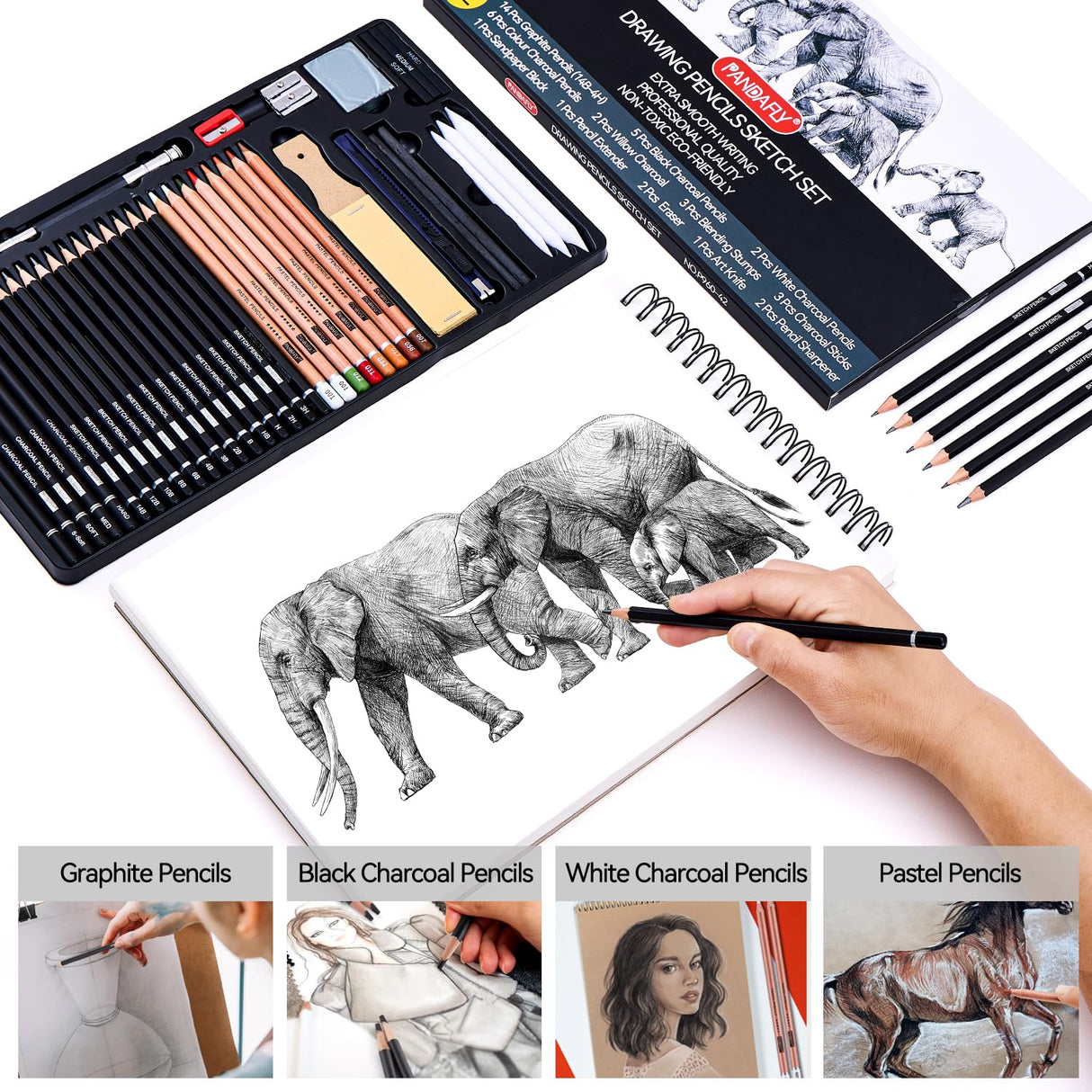 PANDAFLY Drawing Sketching Pencil Set, 42 Pack Pro Art Pencil Kit with Graphite Pencils (14B-4H), Charcoal Pencil, Ideal for Shading, Blending, Drawing Set for Beginners & Pro Artists PANDAFLY