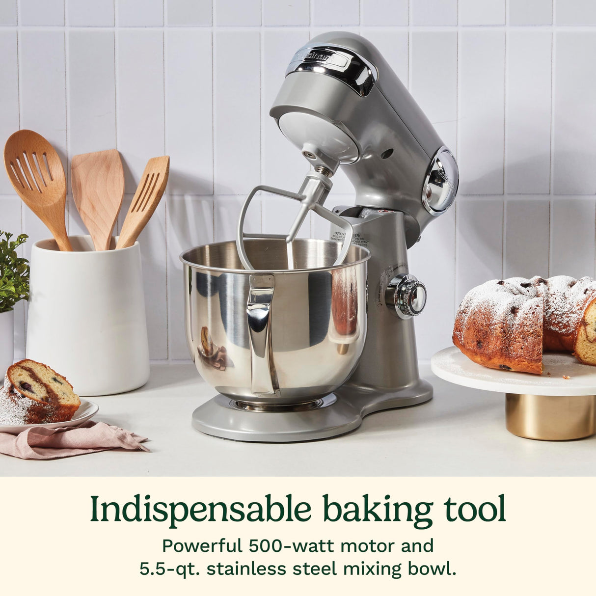 Cuisinart Stand Mixer, 12 Speeds, 5.5-Quart Mixing Bowl, Chef's Whisk, Flat Mixing Paddle, Dough Hook, and Splash Guard with Pour Spout, Silver Lining, SM-50BC, Silver Lining Cuisinart