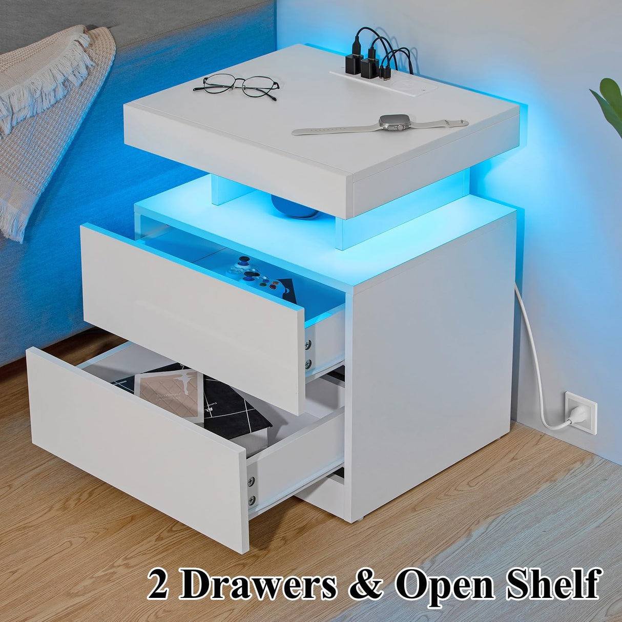 HOMMPA LED Nightstand with Wireless Charging Station & USB Ports High Gloss Bedside Table with LED Light RGB Adjustable Brightness Smart Nightstand 2 Drawers Night Stand for Bedroom White HOMMPA